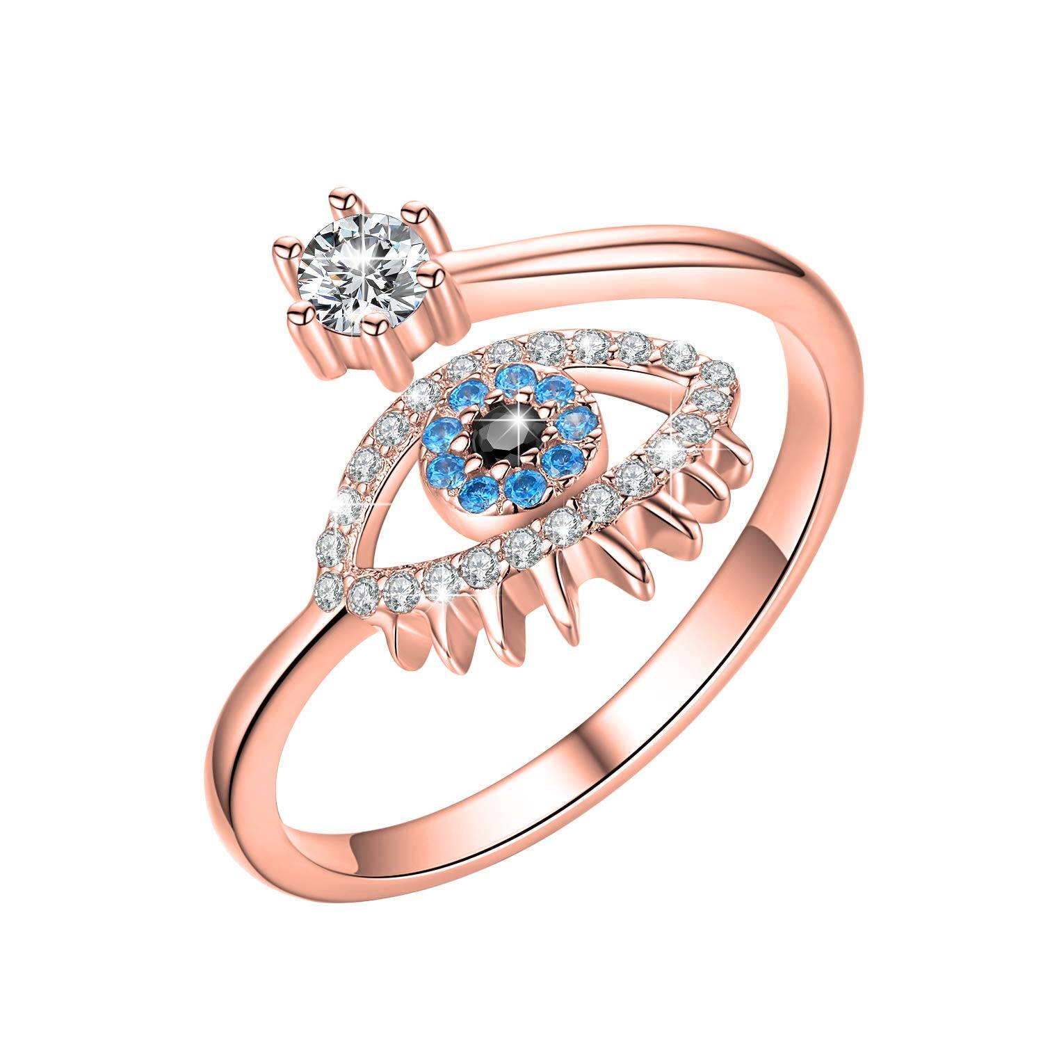 Sterling Silver with Rose Gold Plated Round Shaped Cubic Zirconia Evil Eye Open Ring