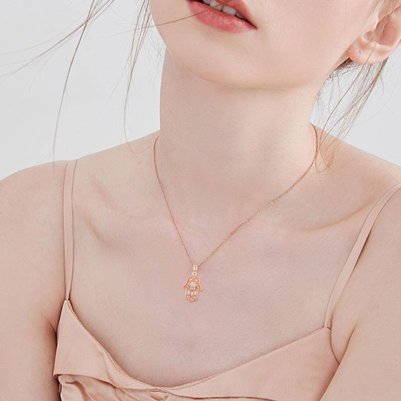 Sterling Silver with Rose Gold Plated Circular Shaped Cubic Zirconia Hamsa Hand Pendant Necklace