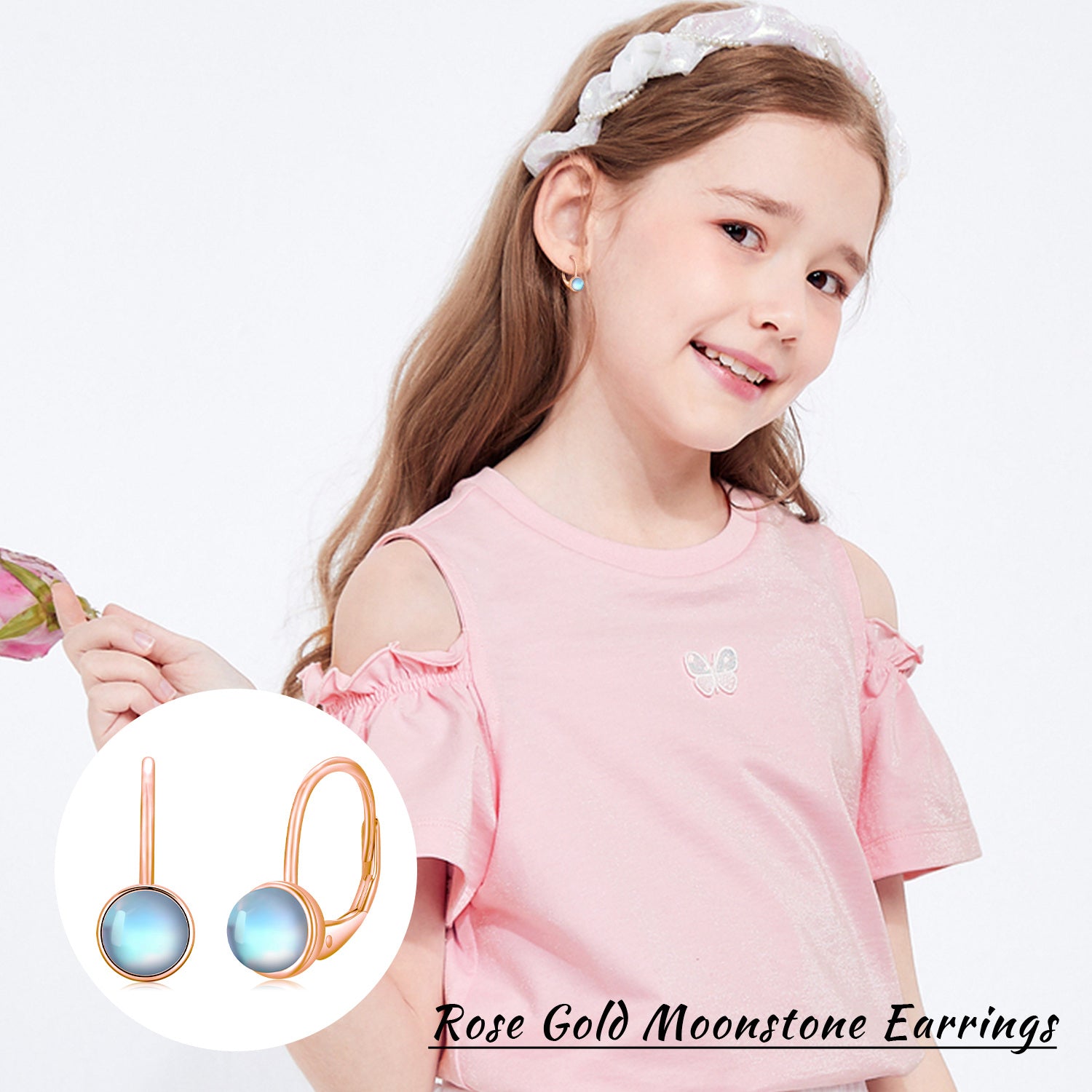 Sterling Silver with Rose Gold Plated Circular Shaped Moonstone Lever-back Earrings