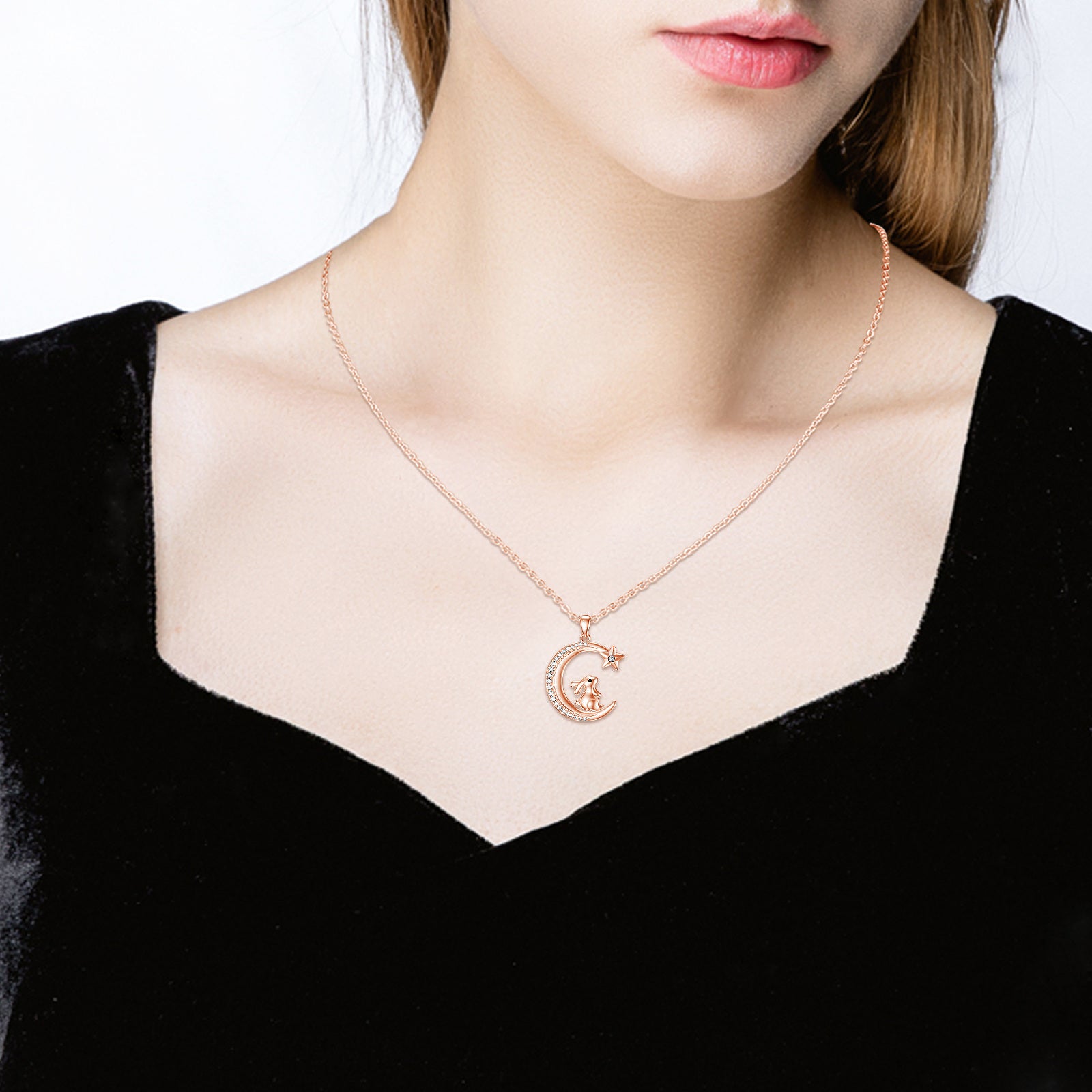 Sterling Silver With Rose Gold Plated Circular Cubic Zirconia Rabbit & Moon Star Pendant Necklace For Women Best Friends