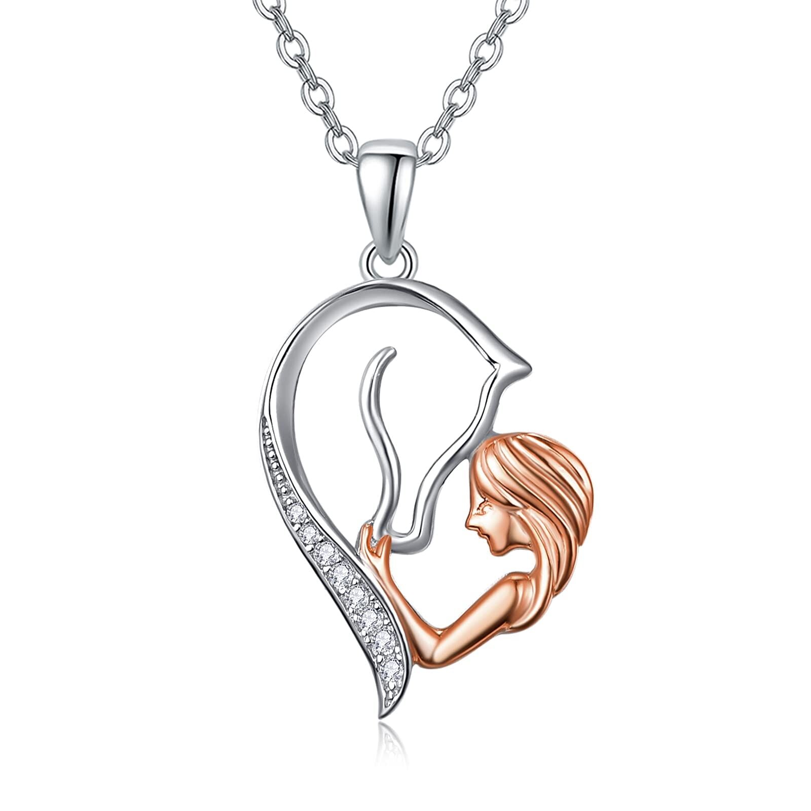 Sterling Silver with Rose Gold Plated Circular Shaped Zircon Horse & Heart Pendant Necklace