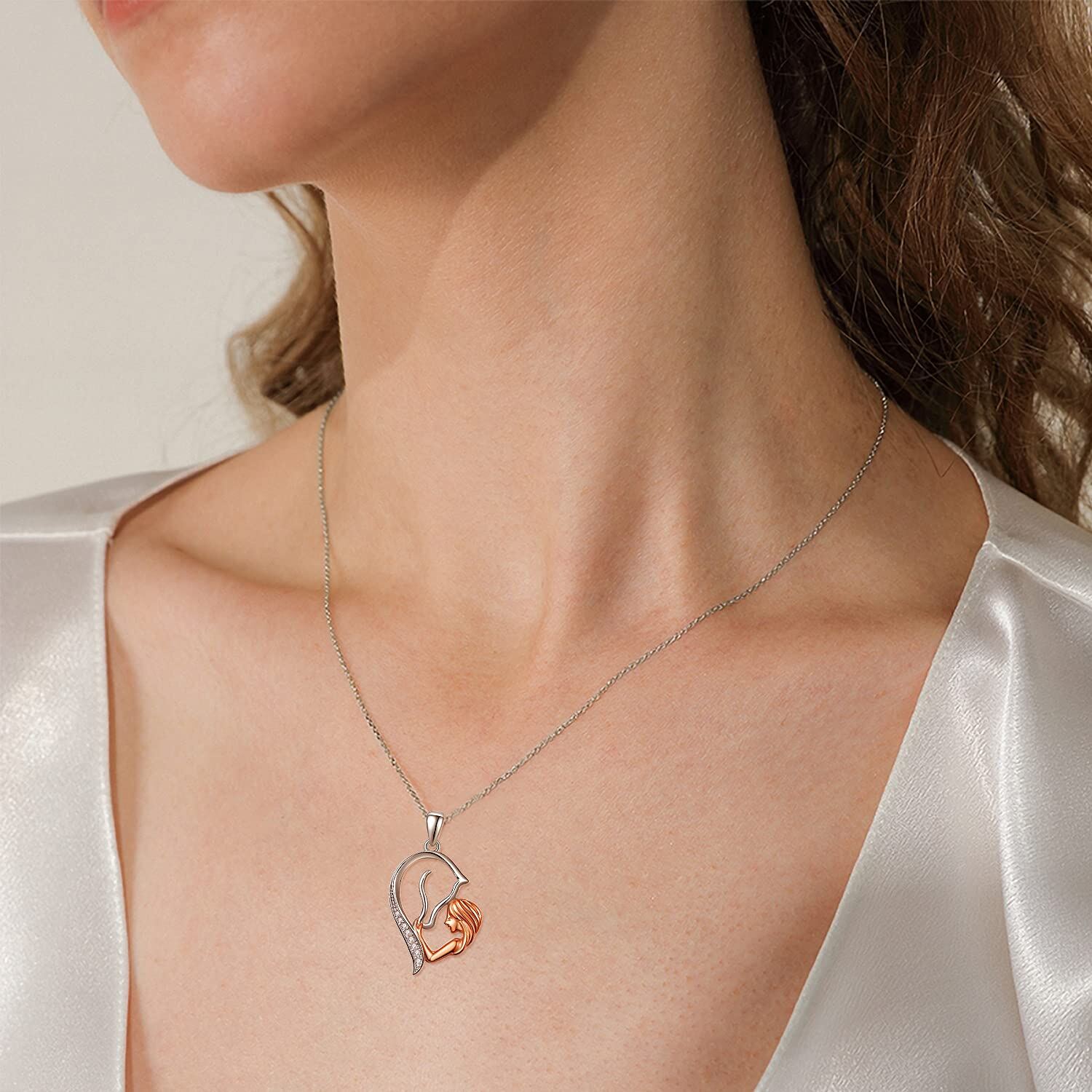 Sterling Silver with Rose Gold Plated Circular Shaped Zircon Horse & Heart Pendant Necklace