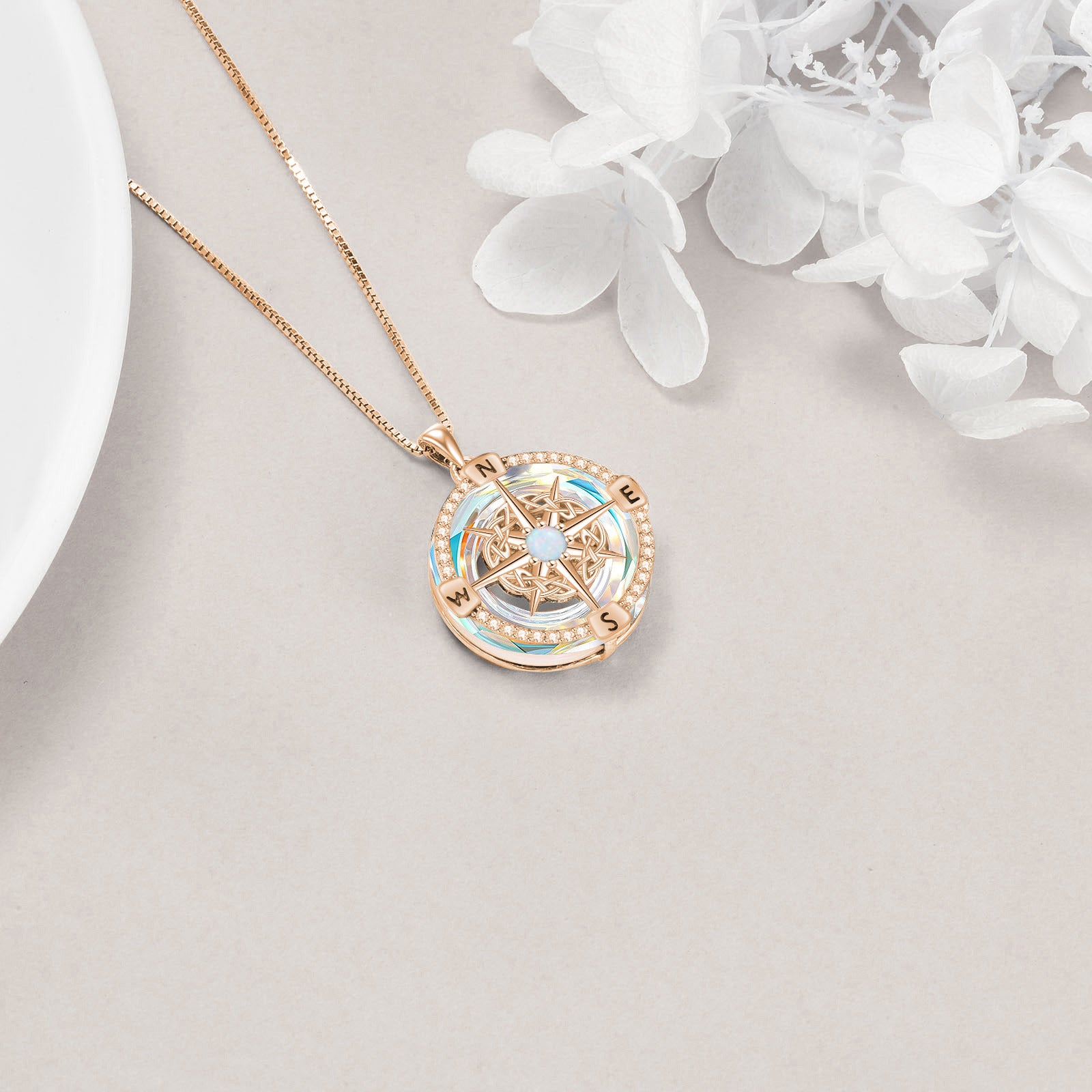 Sterling Silver with Rose Gold Plated Compass Crystal Pendant Necklace