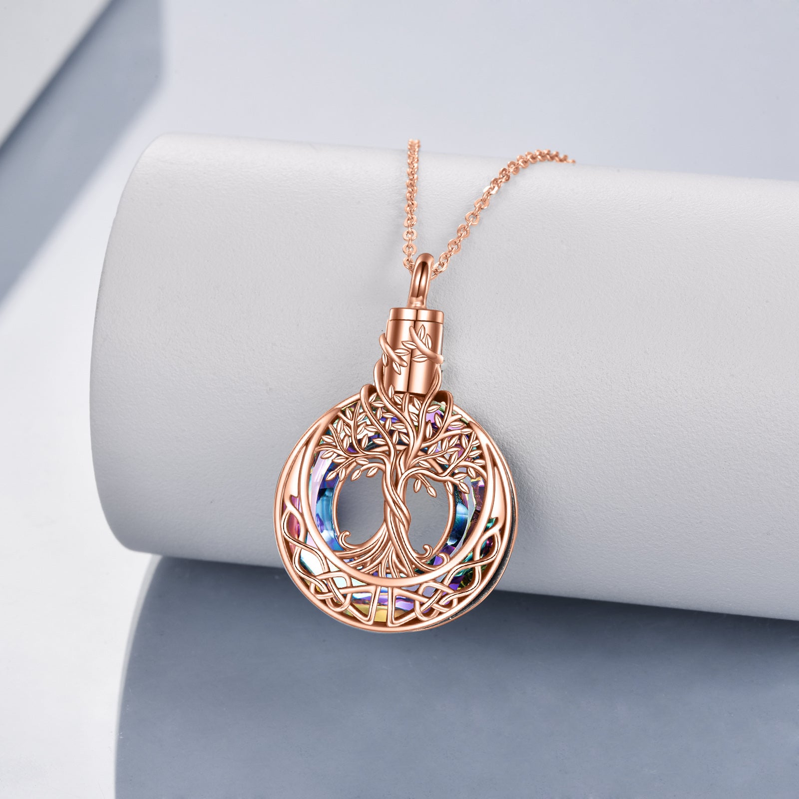 Sterling Silver with Rose Gold Plated Crystal Tree Of Life & Celtic Knot Urn Necklace for Ashes