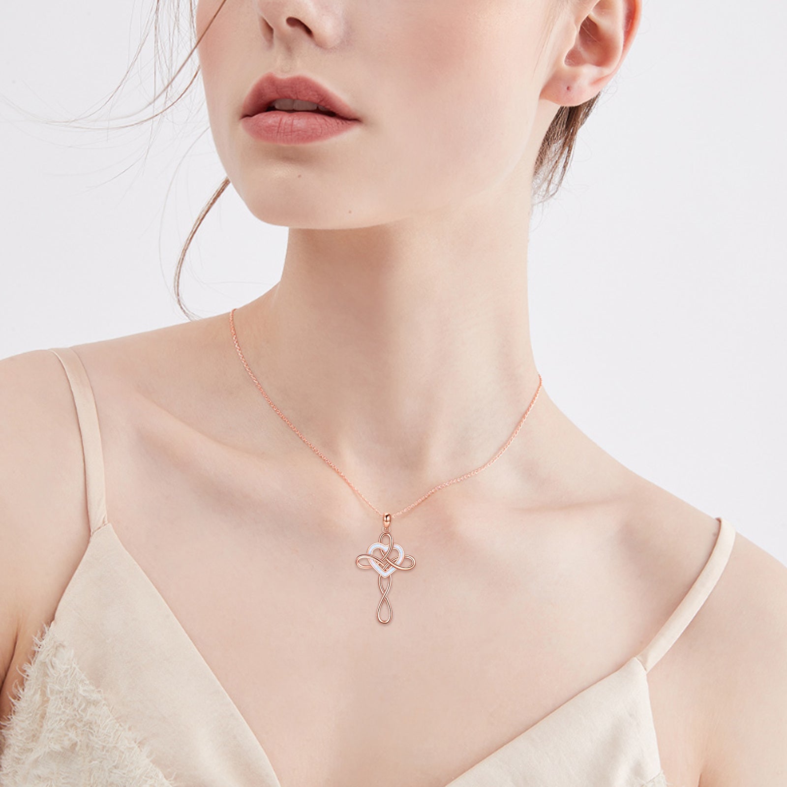 Sterling Silver with Rose Gold Plated Heart Shaped Opal Celtic Knot & Cross Pendant Necklace