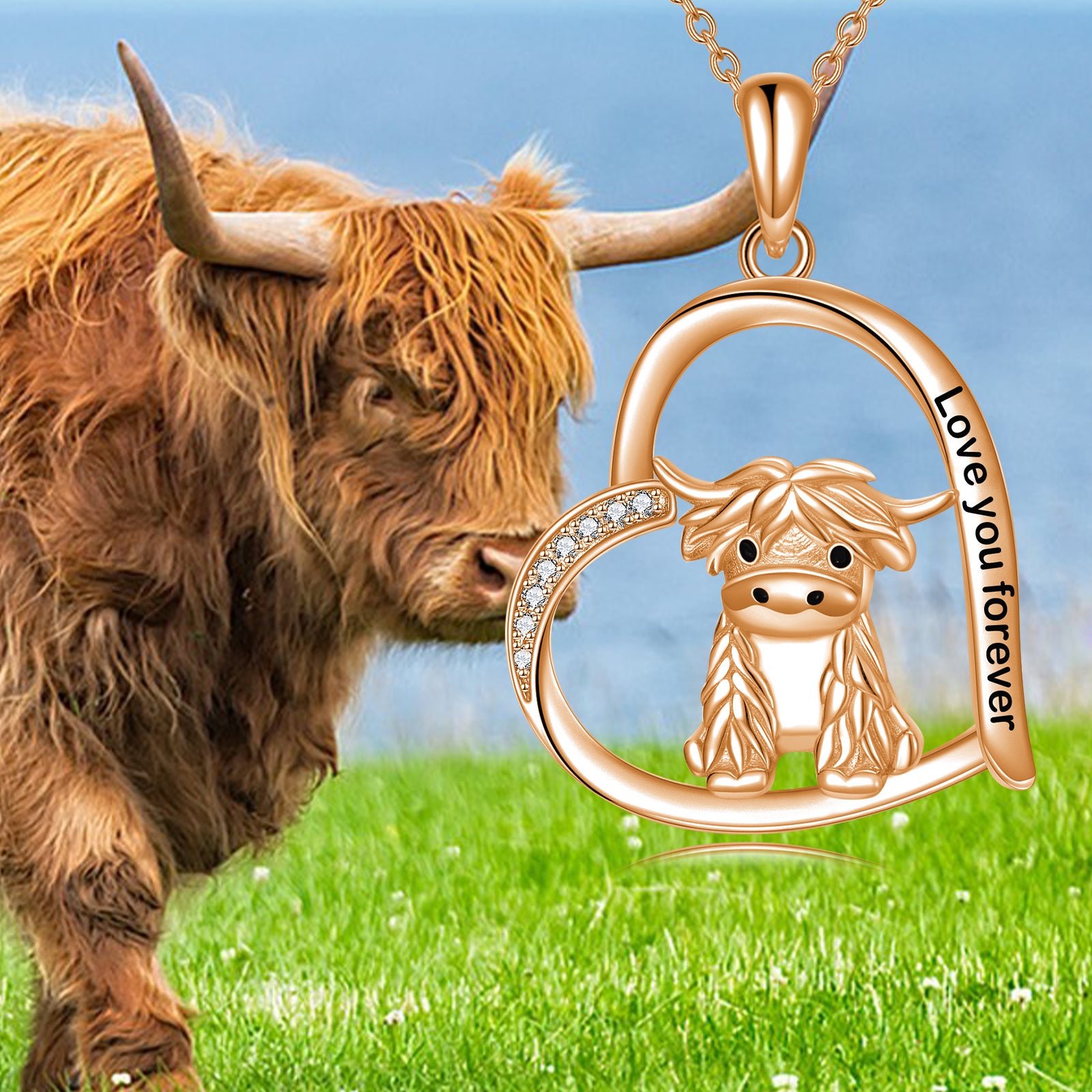 Sterling Silver With Rose Gold Plated Highland Cow Pendant Necklace Love You Forever For Mother