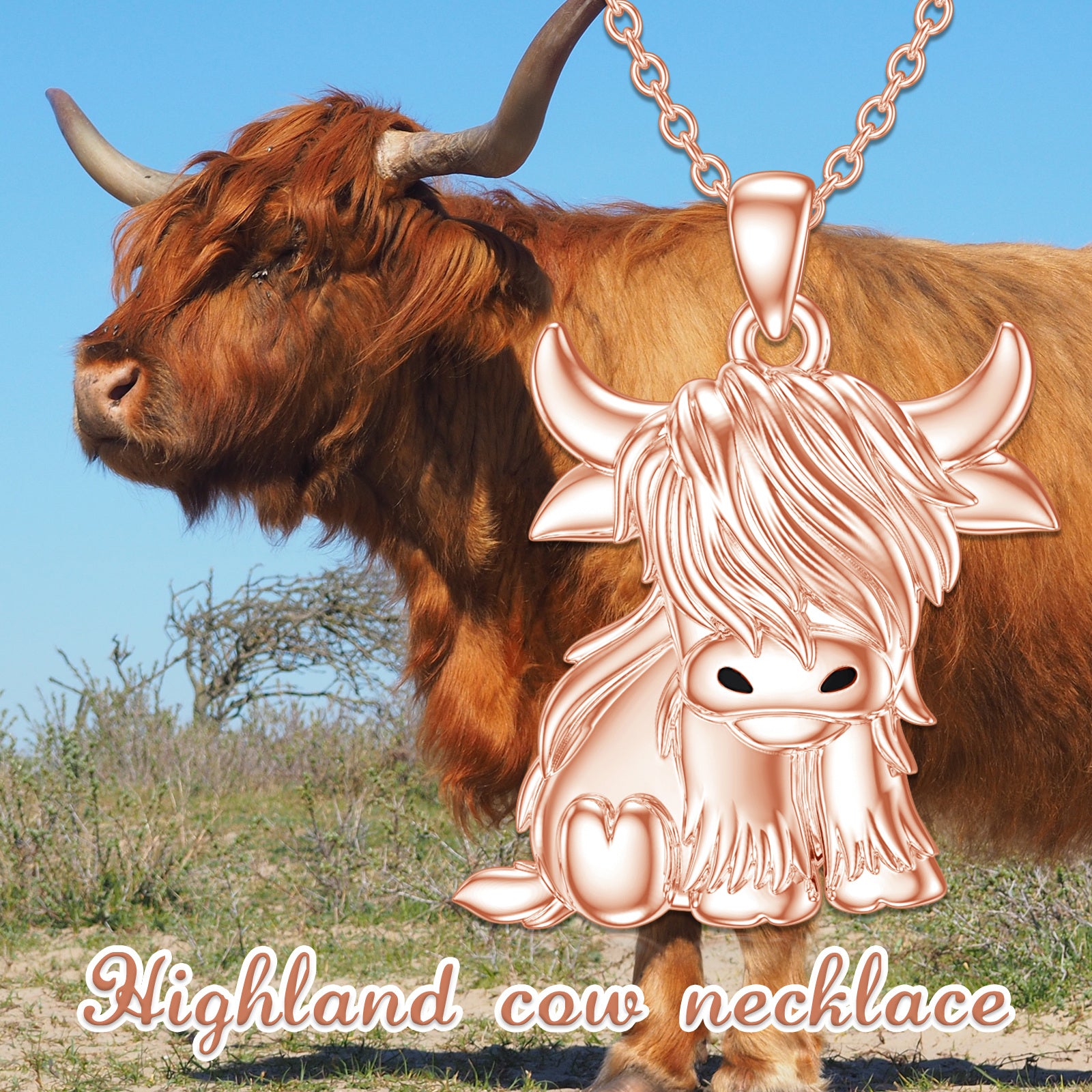 Sterling Silver with Rose Gold Plated Highland Cow Pendant Necklace
