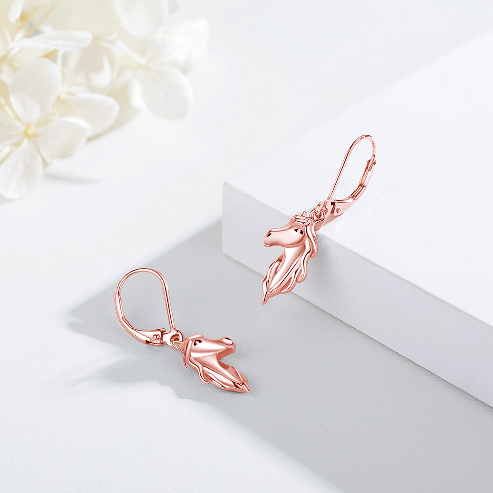 Sterling Silver with Rose Gold Plated Horse Lever-back Earrings