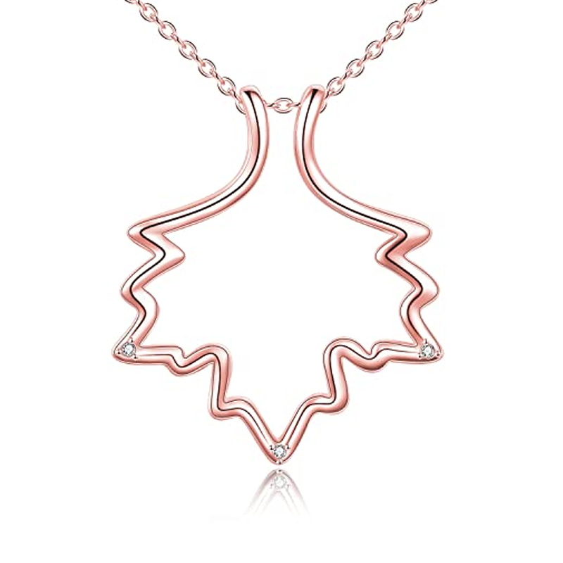 Sterling Silver with Rose Gold Plated Cubic Zirconia Maple Leaf & Ring Holder Pendant Necklace