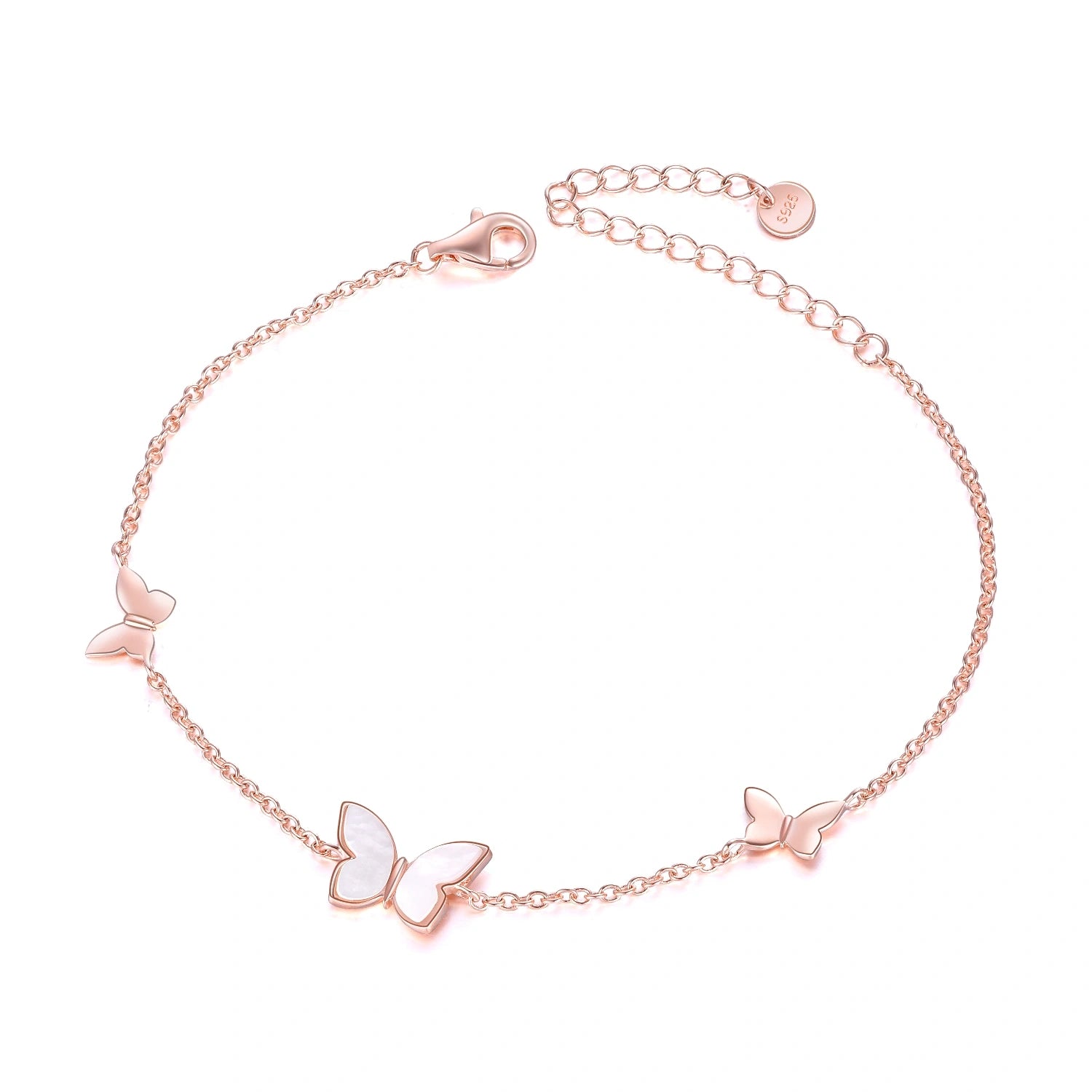 Sterling Silver with Rose Gold Plated Mother Of Pearl Butterfly Charm Bracelet