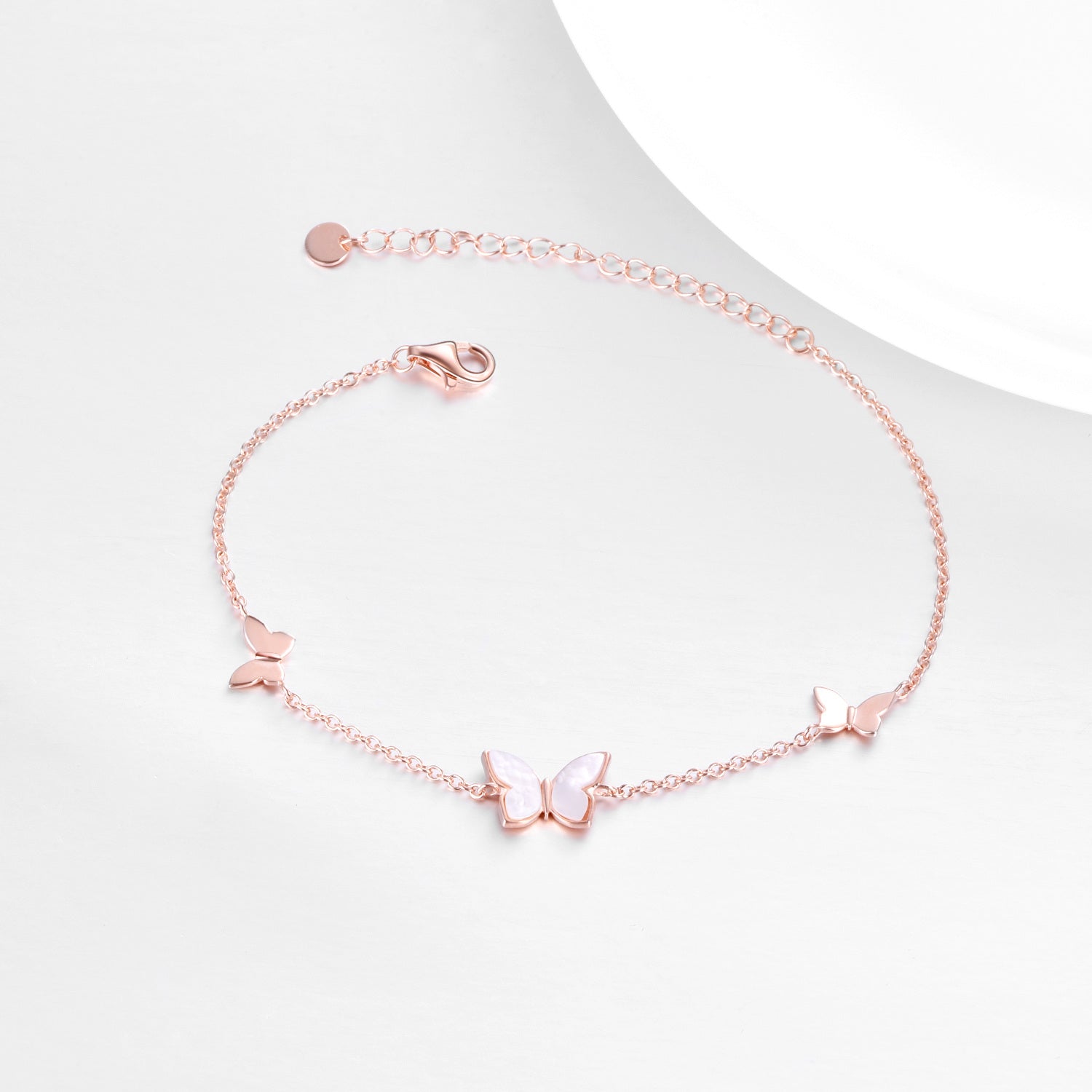 Sterling Silver with Rose Gold Plated Mother Of Pearl Butterfly Charm Bracelet