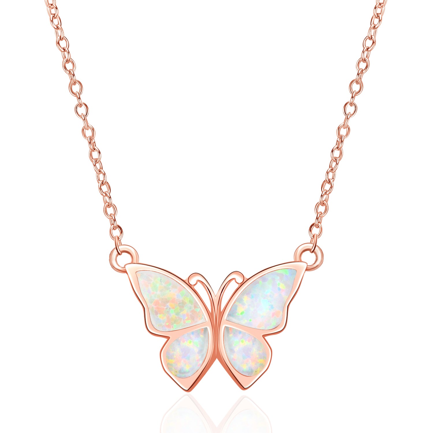 Sterling Silver with Rose Gold Plated Opal Butterfly Pendant Necklace