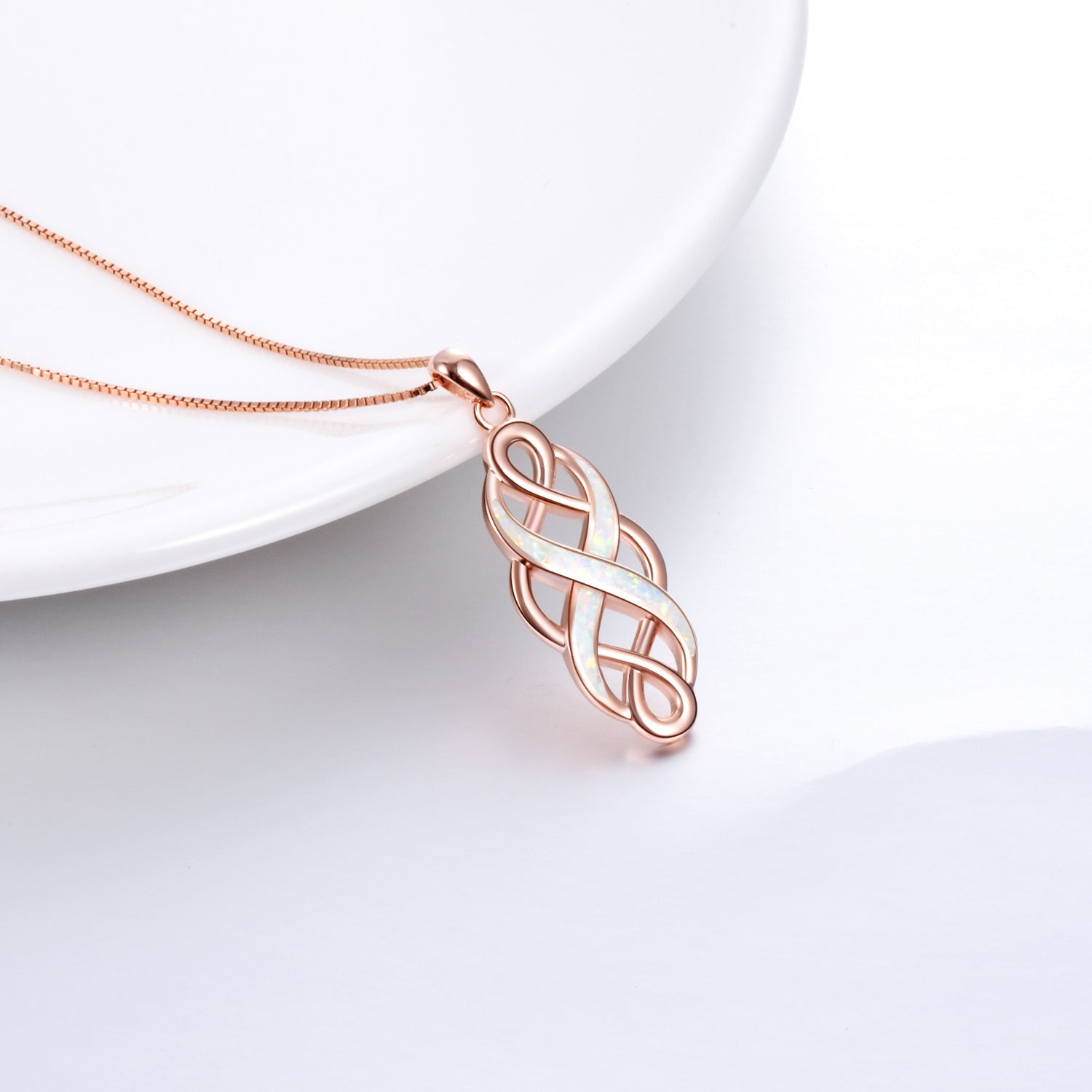 Sterling Silver with Rose Gold Plated Opal Celtic Knot Pendant Necklace