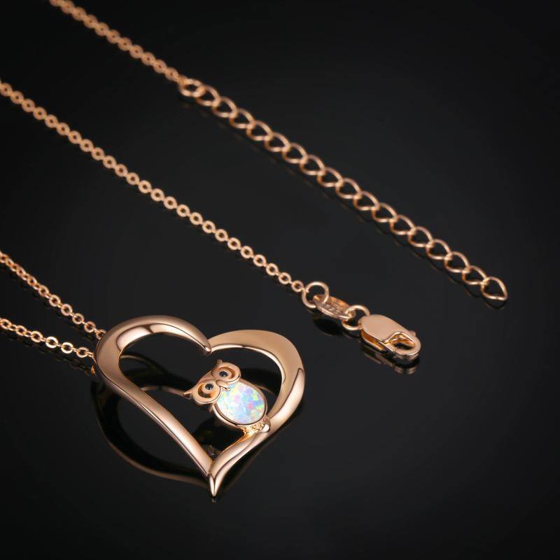 Sterling Silver with Rose Gold Plated Opal Owl & Heart Pendant Necklace