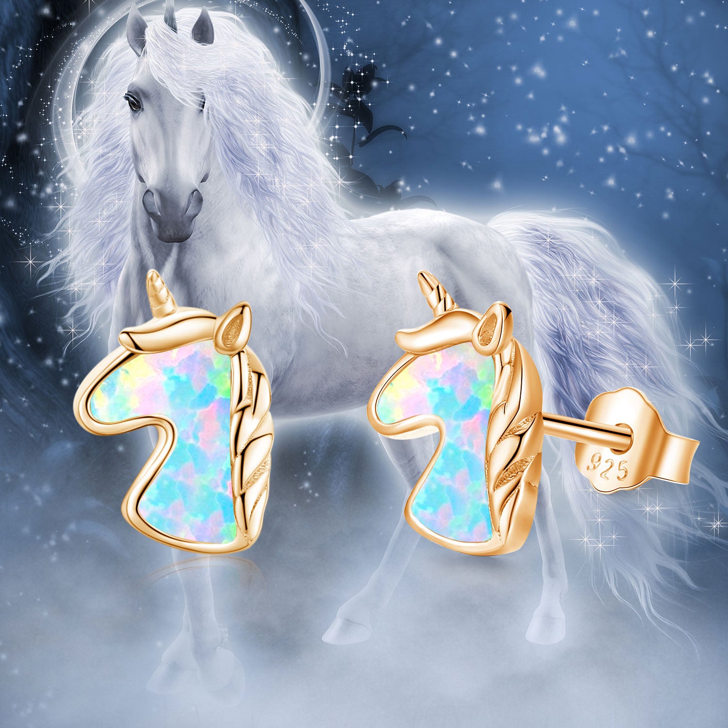 Sterling Silver with Rose Gold Plated Opal Unicorn Stud Earrings