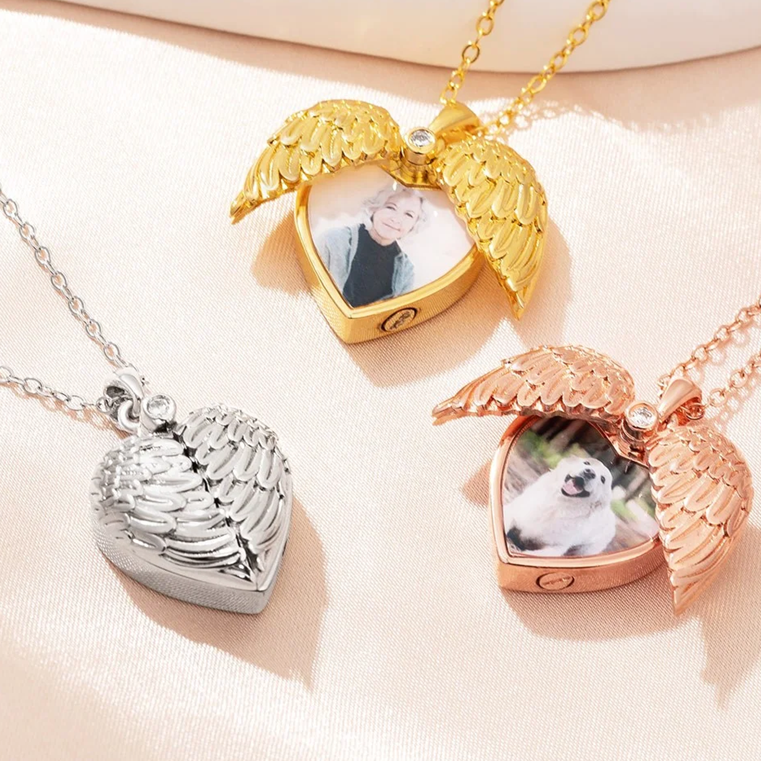 Sterling Silver with Rose Gold Plated Cubic Zirconia Personalized Photo Angel Wing Urn Necklace for Ashes