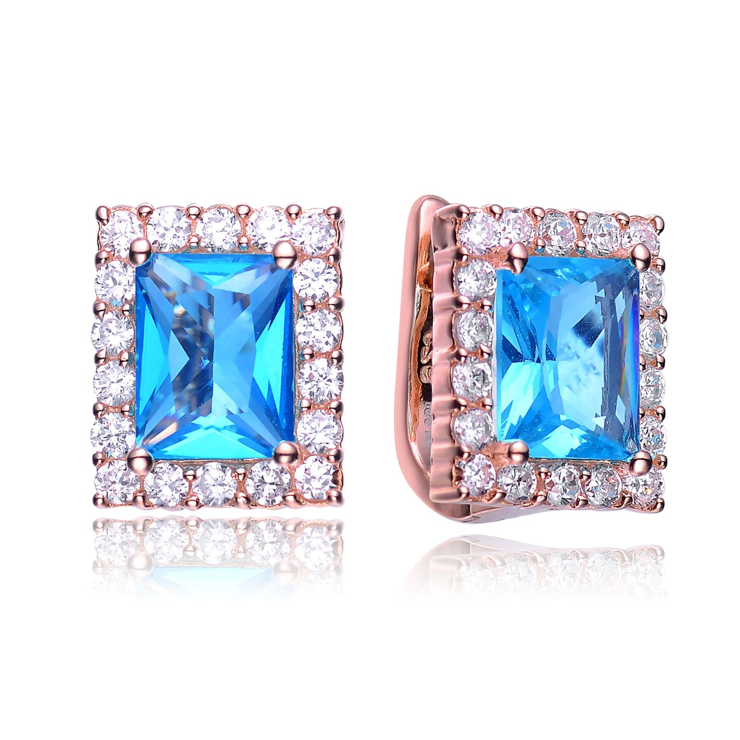 Sterling Silver Rose Gold Plated Bright Blue & Clear Cubic Zirconia Rectangle Earrings