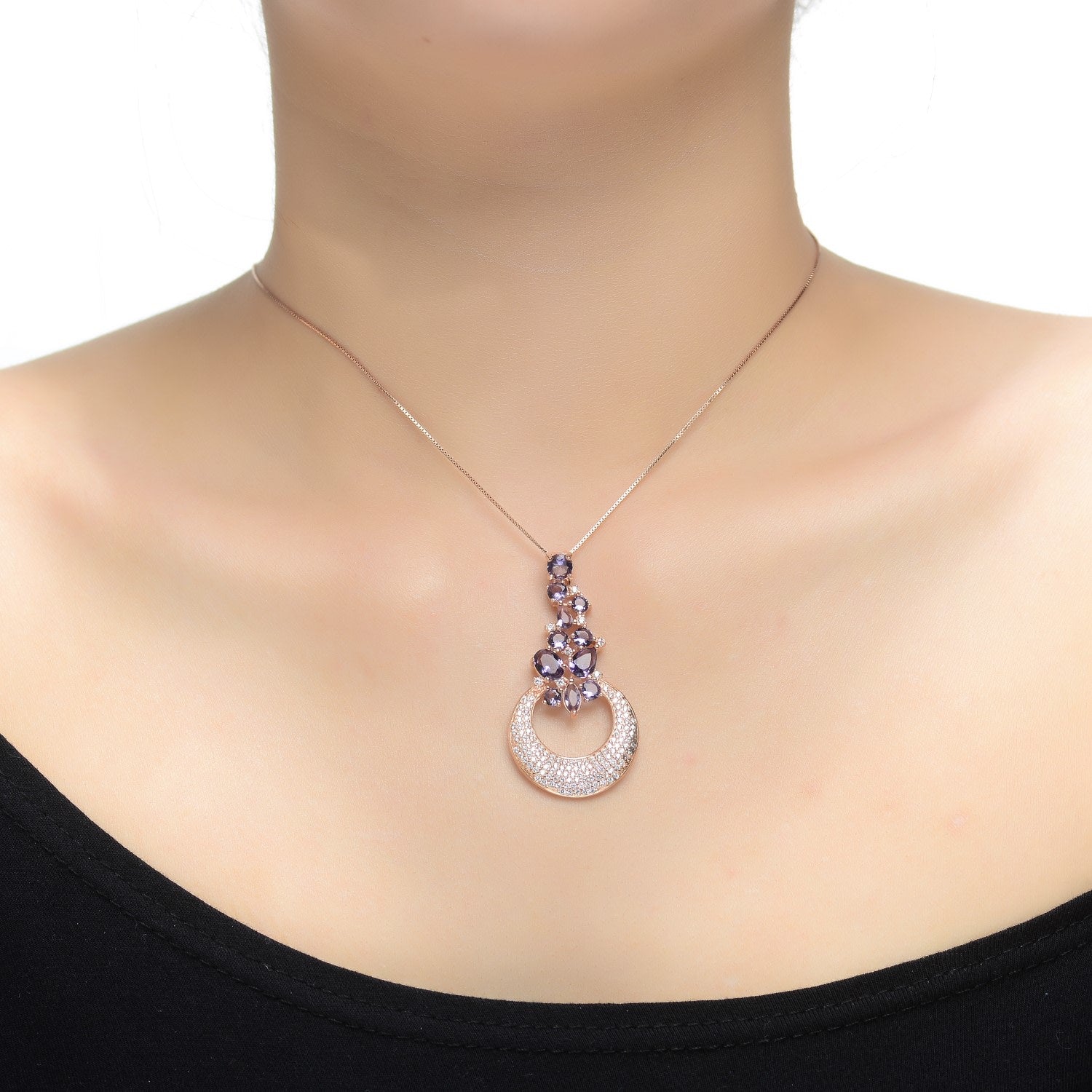 Sterling Silver Rose Gold Plated Clear And Purple Cubic Zirconia Pendant Necklace