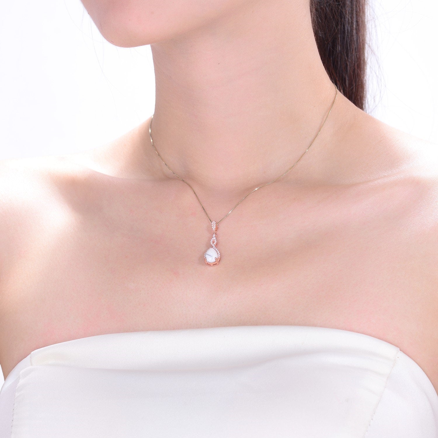Sterling Silver Rose Gold Plated Clear Cubic Zirconia Pear Twist Pendant Necklace