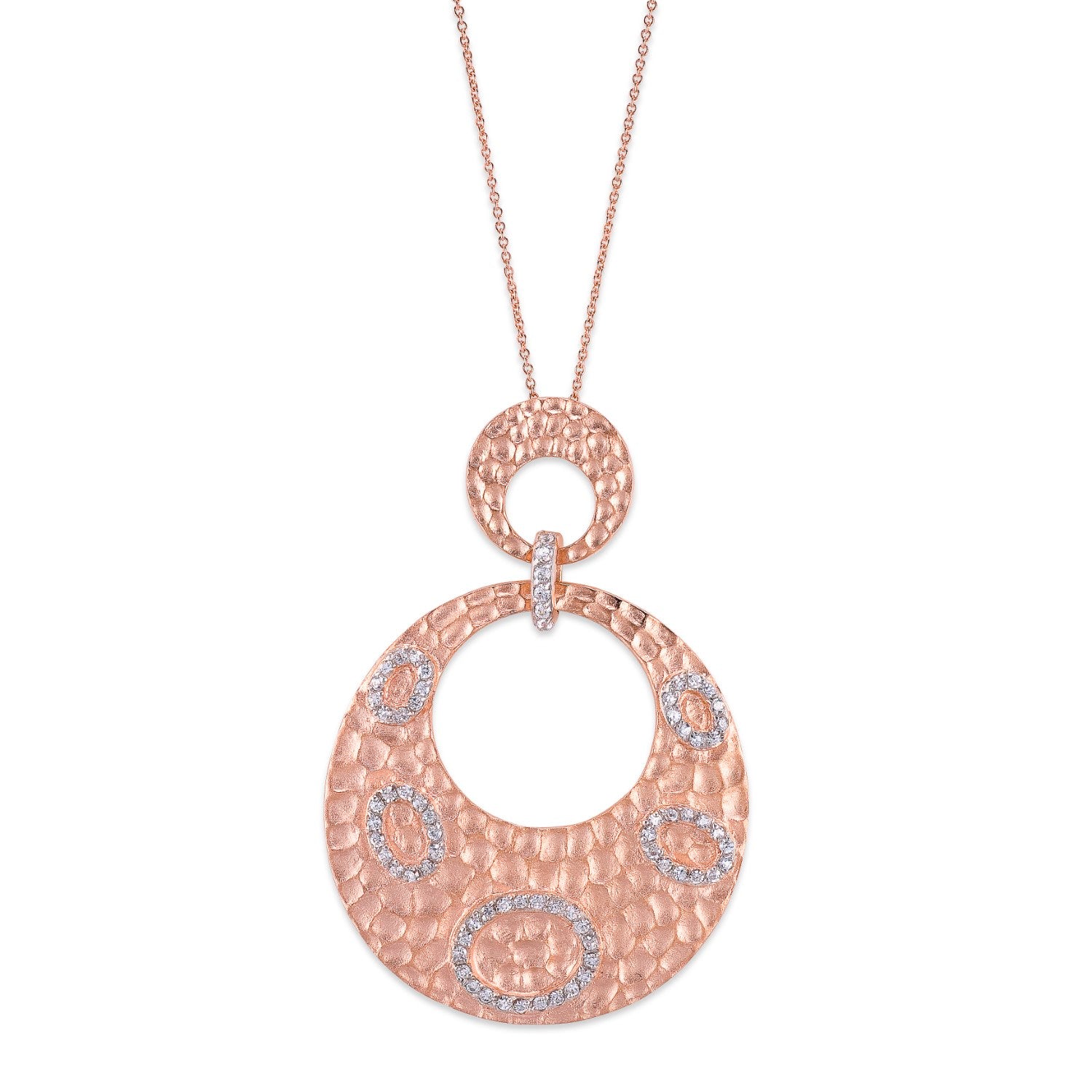 Sterling Silver Rose Gold Plated With Clear Cubic Zirconia Dual Circle Pendant Necklace