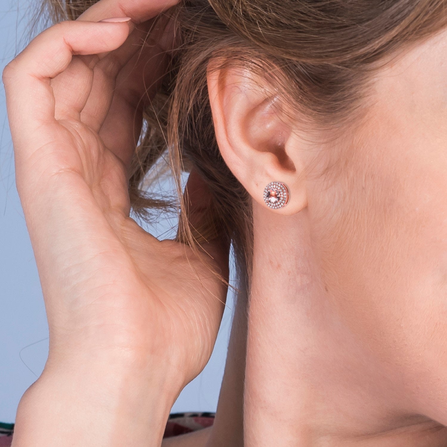 Sterling Silver Rose Gold Plated Morganite Cubic Zirconia Stud Earrings