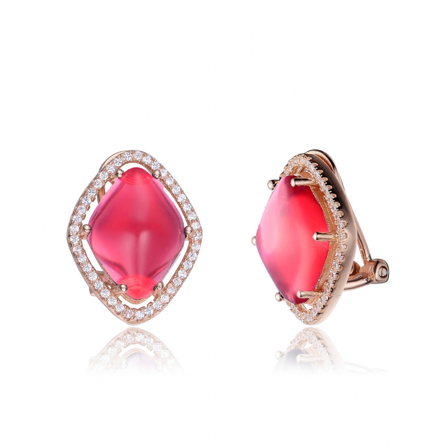 Sterling Silver Rose Gold Plated With Red Cubic Zirconia Button Earrings