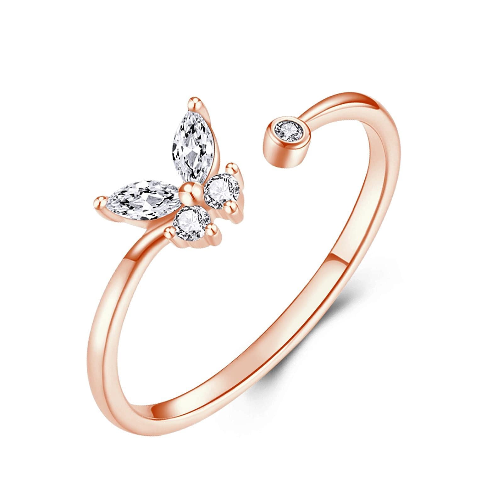Sterling Silver with Rose Gold Plated Round Moissanite Butterfly Open Ring