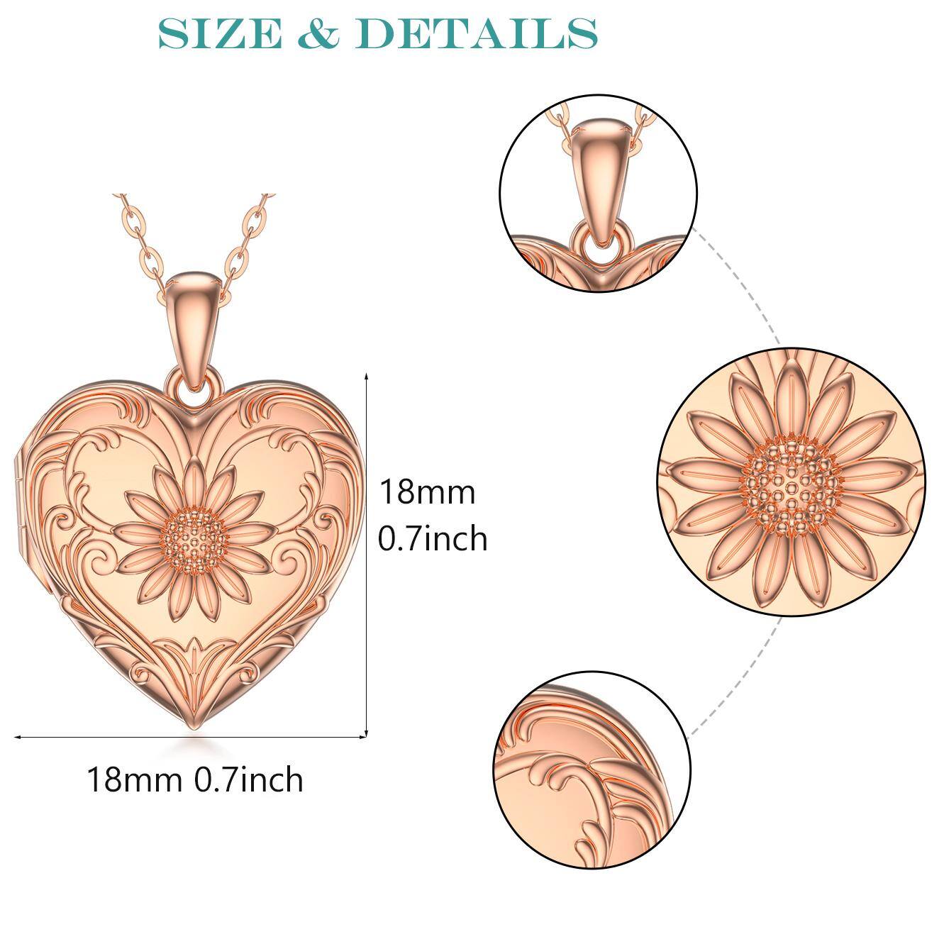 Sterling Silver with Rose Gold Plated Sunflower Heart Personalized Engraving Custom Photo Locket Necklace
