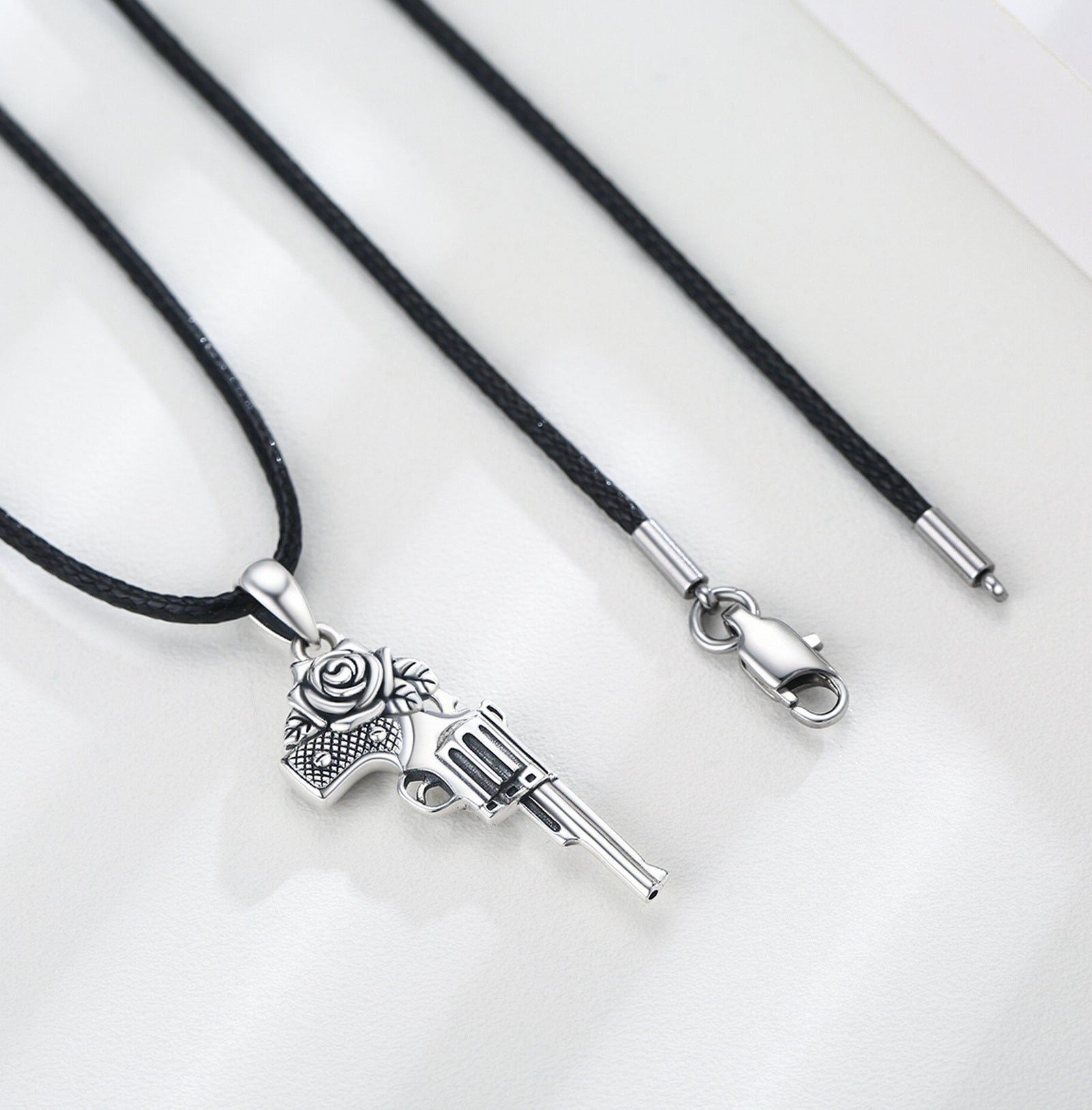 Sterling Silver Rose & Gun Pendant Necklace