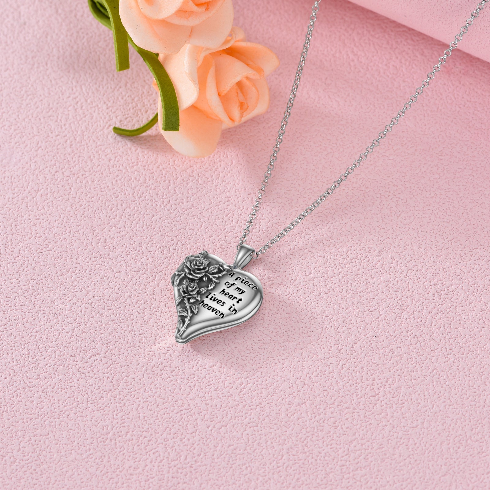 Sterling Silver Rose & Heart Personalized Photo Locket Necklace with Engraved Word