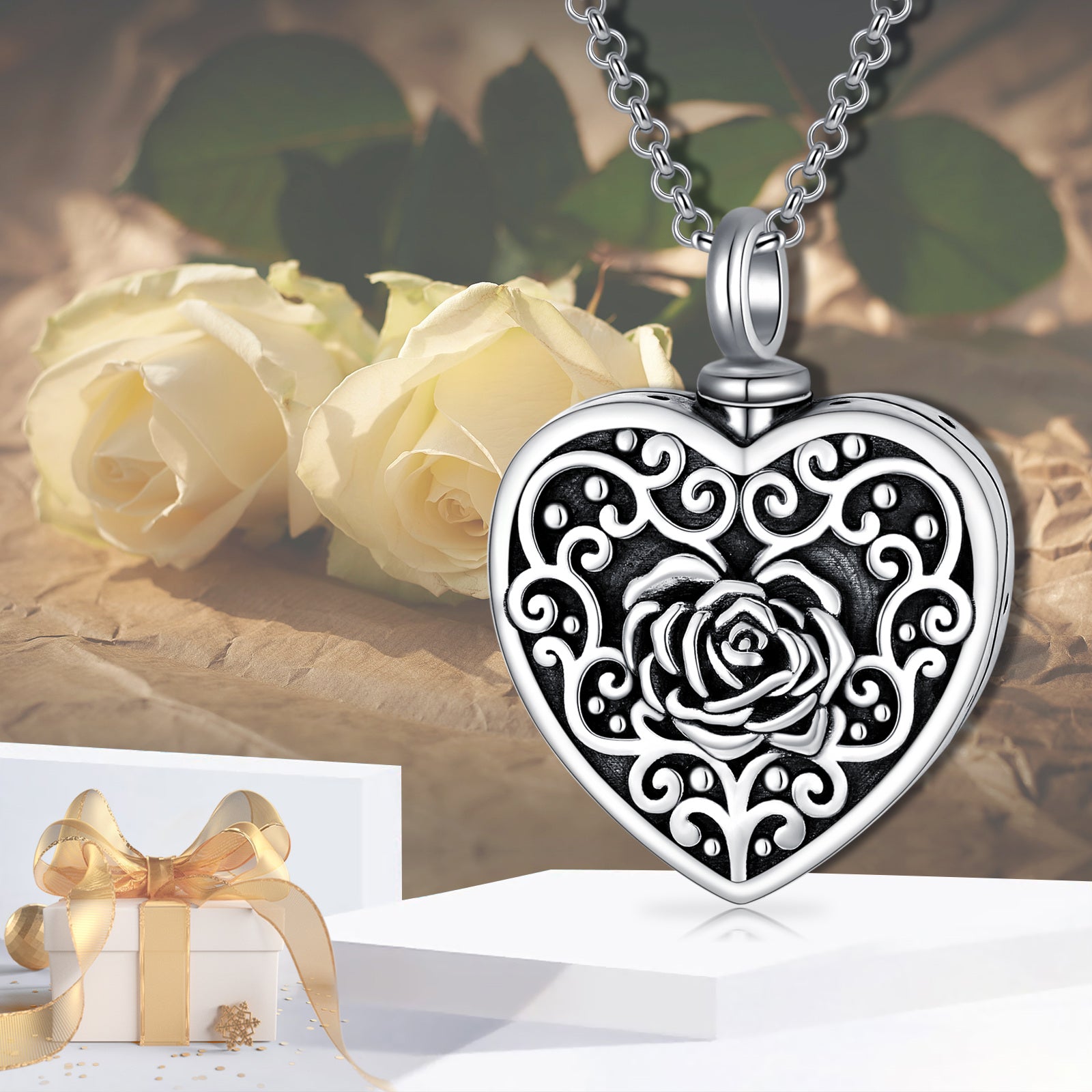 Sterling Silver Rose & Heart Urn Necklace for Ashes with Engraved Word