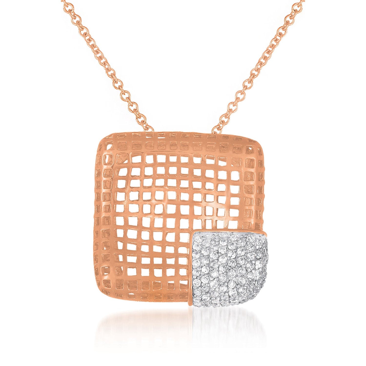 Sterling Silver Rose Overlay Clear Cubic Zirconia Net Necklace