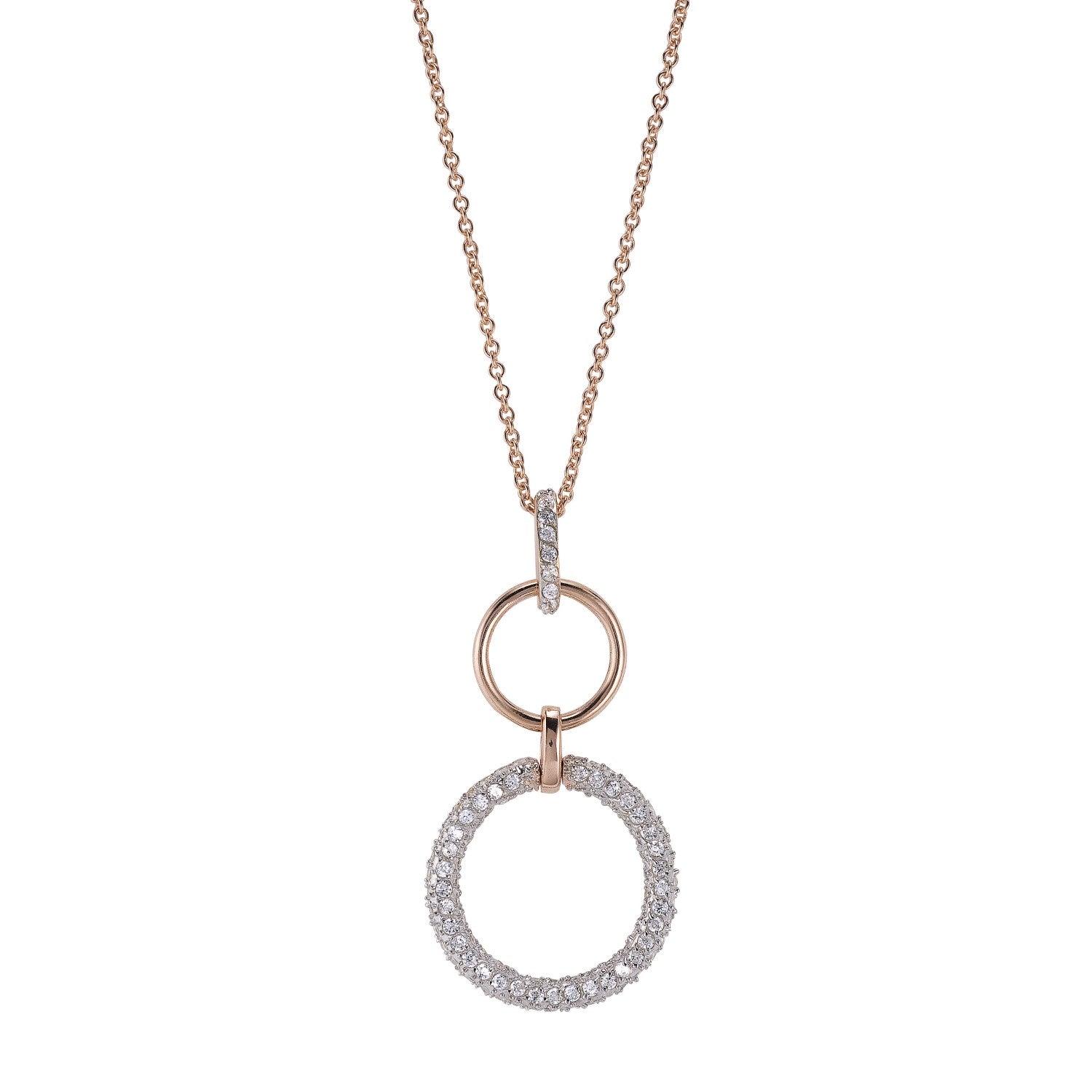 Sterling Silver Rose Overlay Cubic Zirconia Double Open Circles Necklace