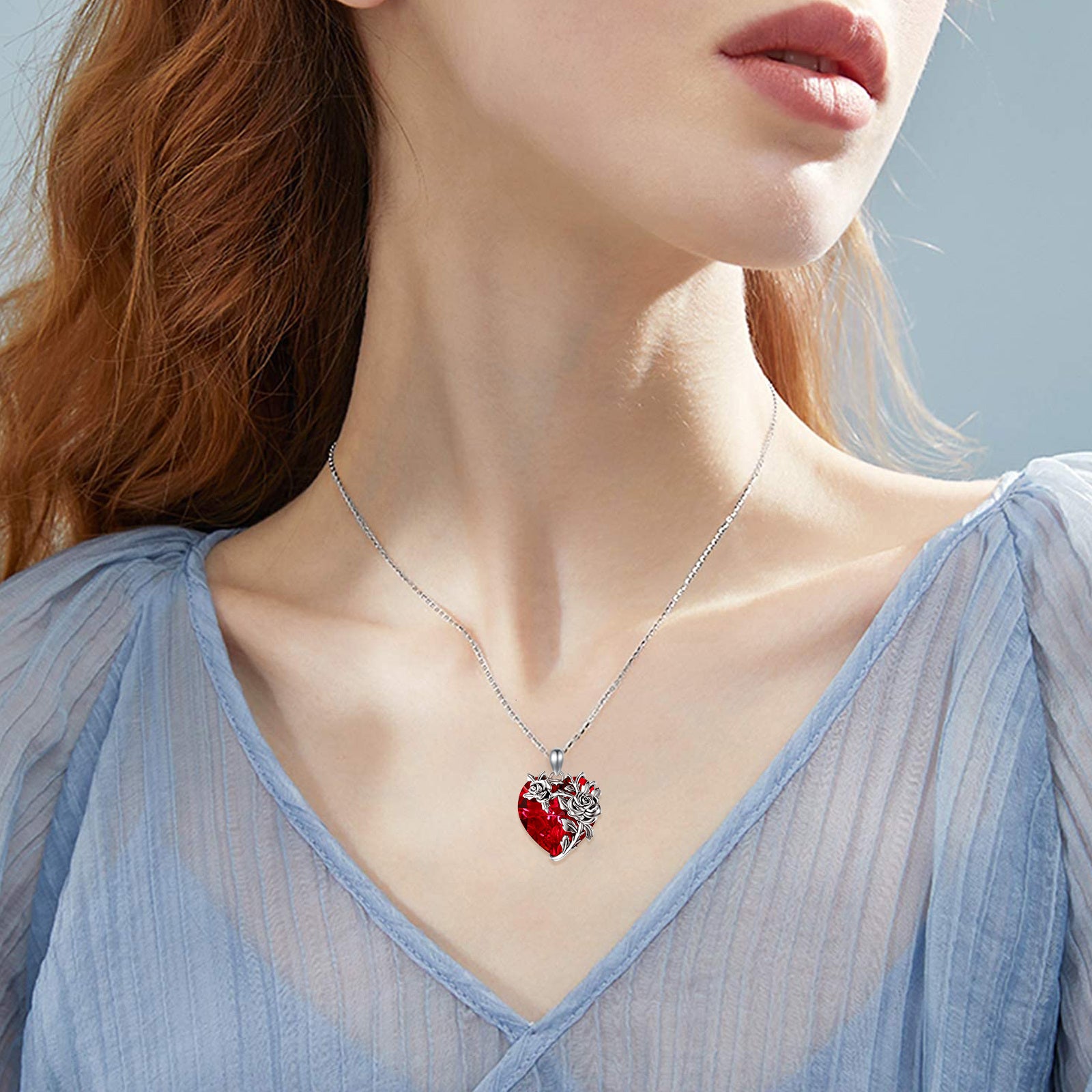 Sterling Silver Rose & Red Heart Shaped Crystal Pendant Necklace
