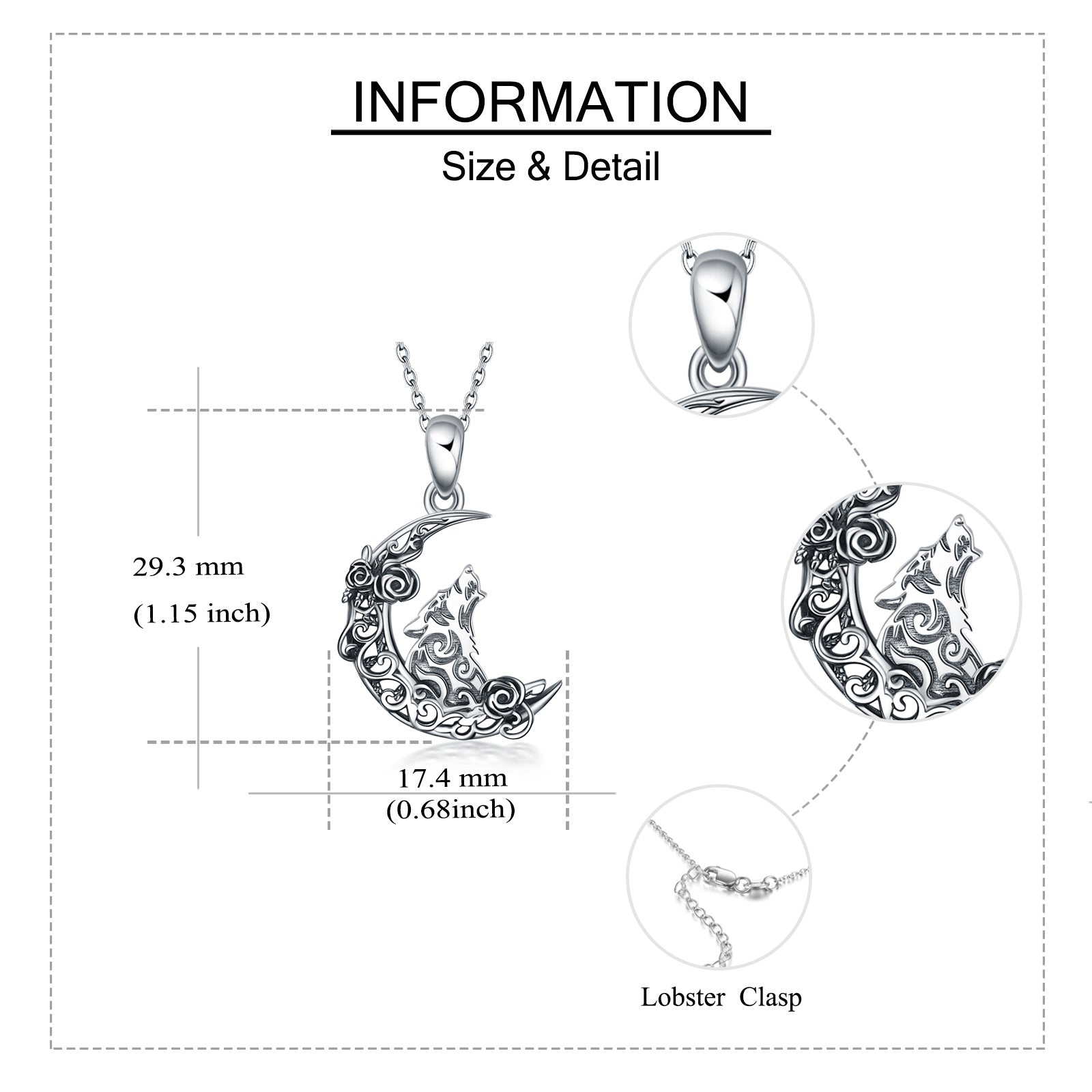 Sterling Silver Rose Wolf & Moon Pendant Necklace
