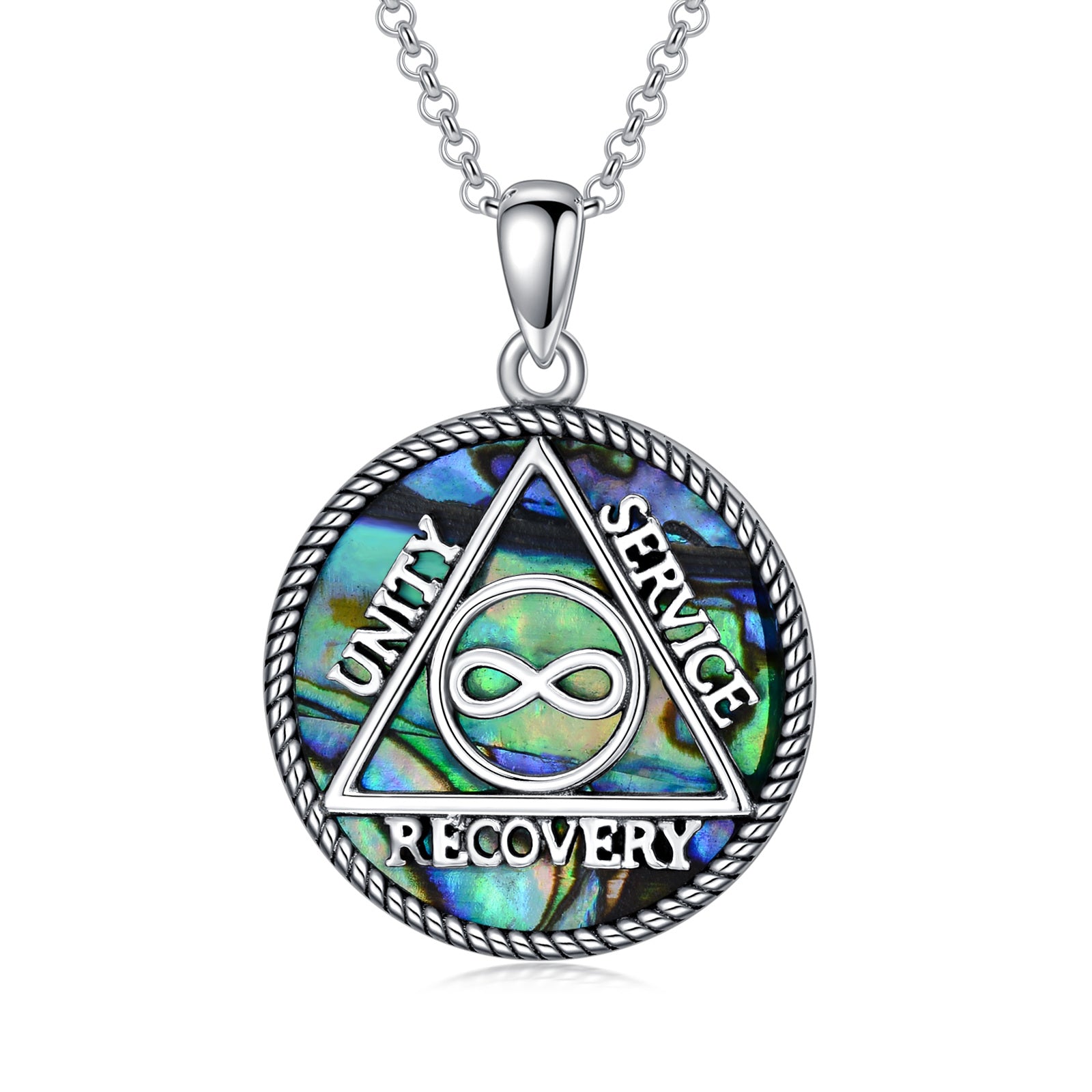 Sterling Silver Round Abalone Shellfish Alcoholics Anonymous Pendant Necklace