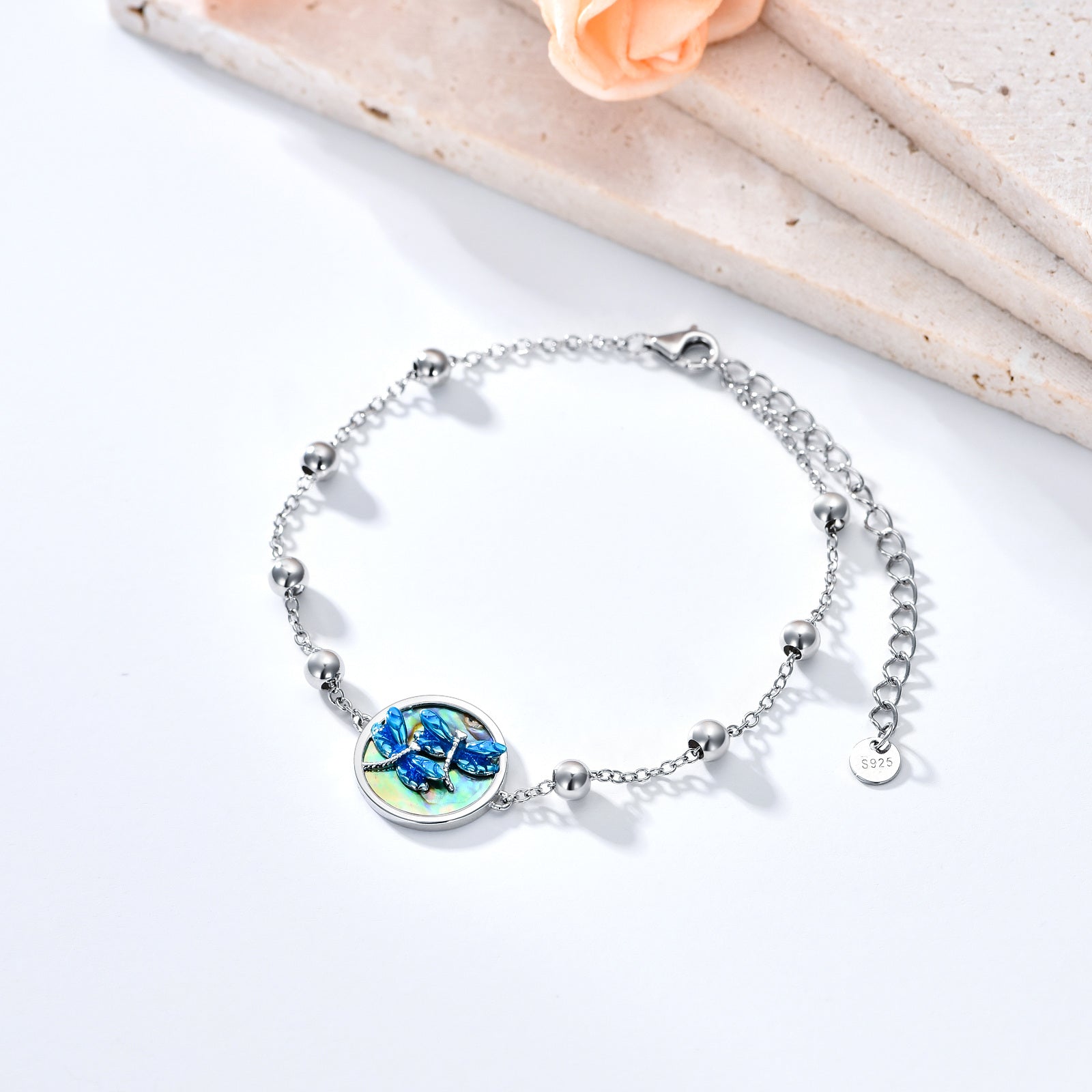 Sterling Silver Round Abalone Shellfish Dragonfly Charm Bracelet