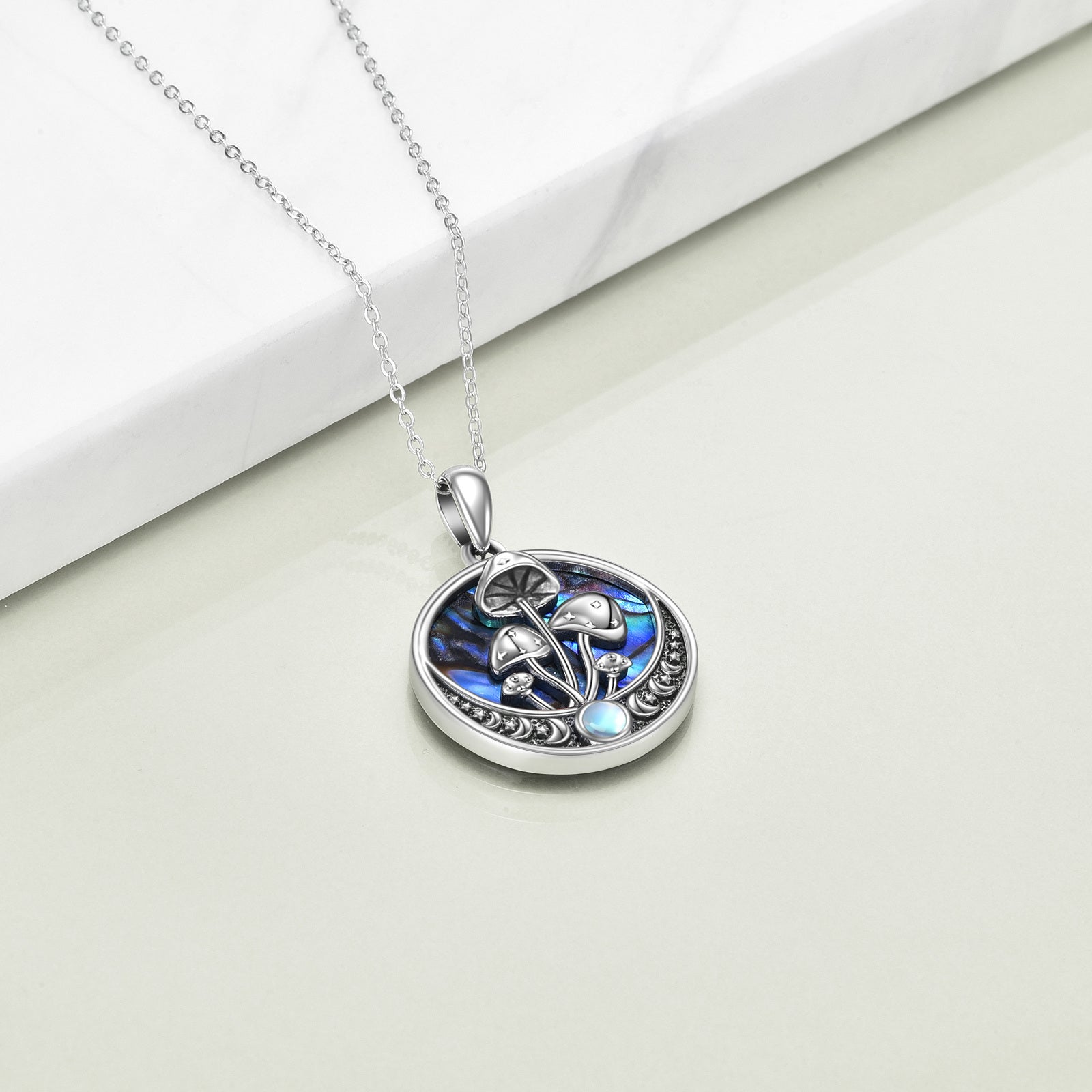 Sterling Silver Round Abalone Shellfish Mushroom & Moon Pendant Necklace