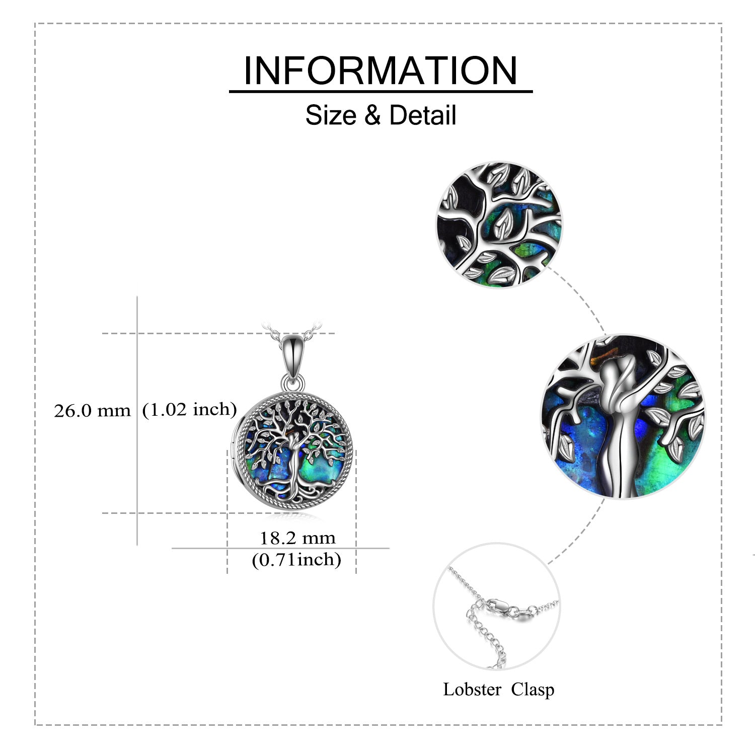 Sterling Silver Round Abalone Shellfish Tree Of Life Personalized Photo Locket Necklace with Engraved Word