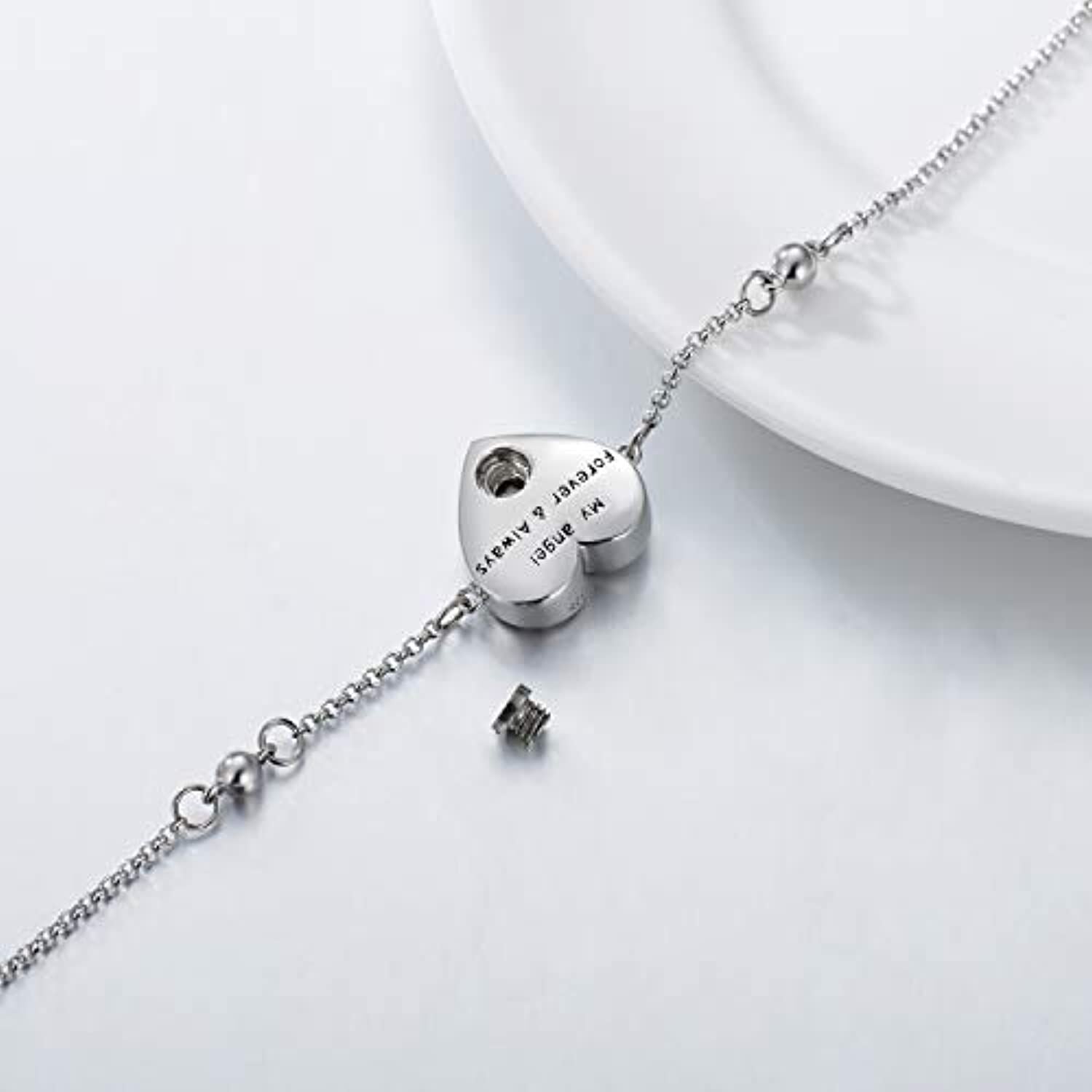 Sterling Silver Round Cubic Zirconia Angel Wing & Heart Urn Bracelet for Ashes with Engraved Word