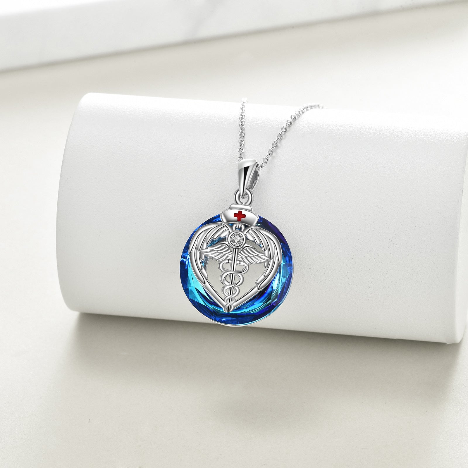 Sterling Silver Round Caduceus Crystal Pendant Necklace