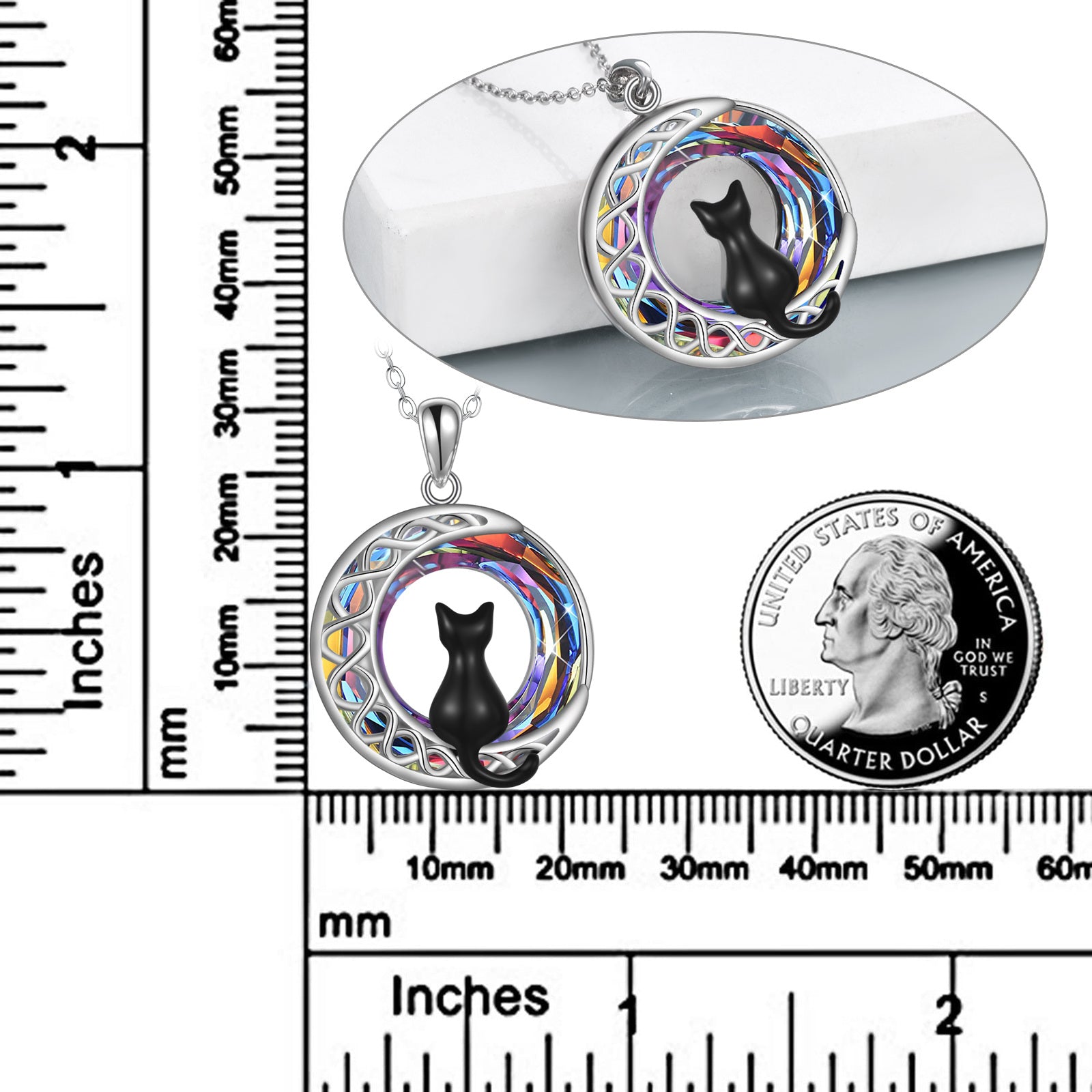 Sterling Silver Round Cat & Moon Crystal Pendant Necklace