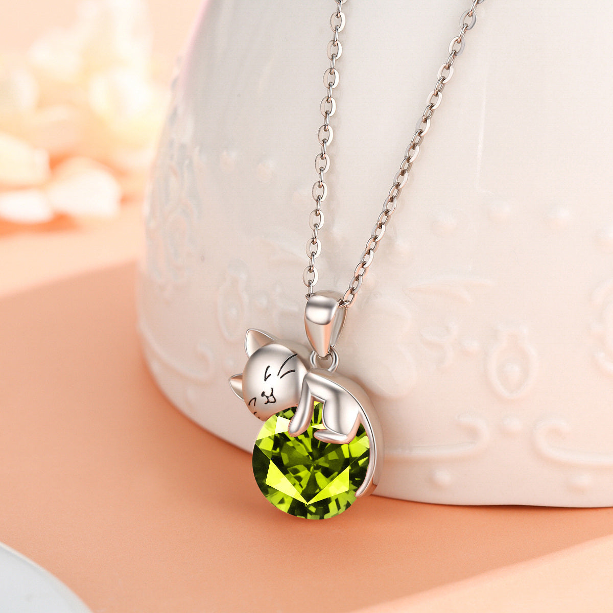 Sterling Silver Round Cubic Zirconia Cat Pendant Necklace