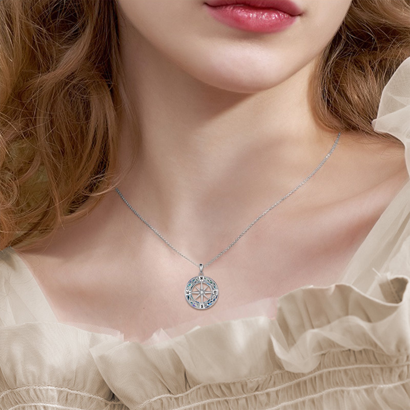 Sterling Silver Round Celtic Knot & Compass Crystal Pendant Necklace