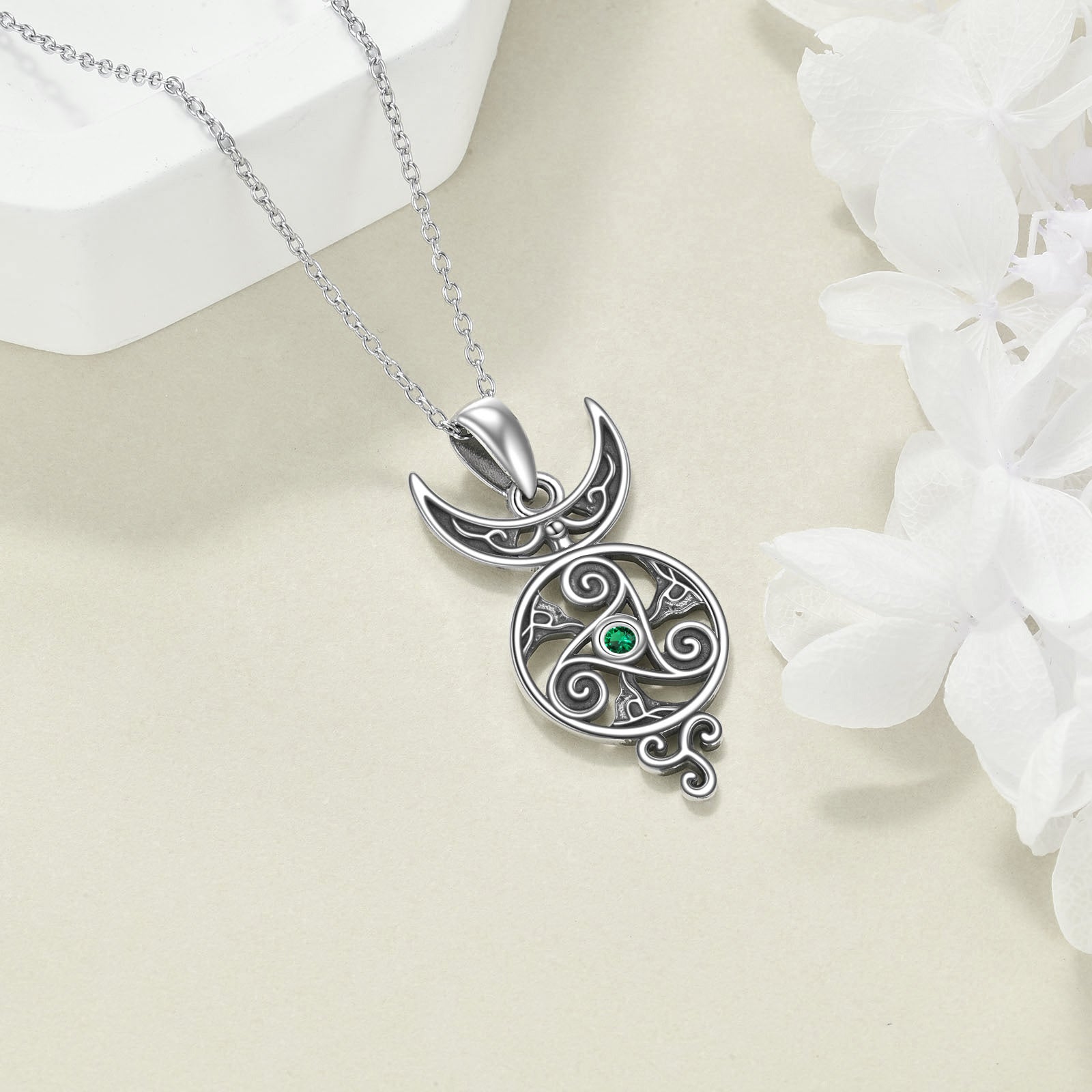 Sterling Silver Round Cubic Zirconia Celtic Knot & Moon Pendant Necklace