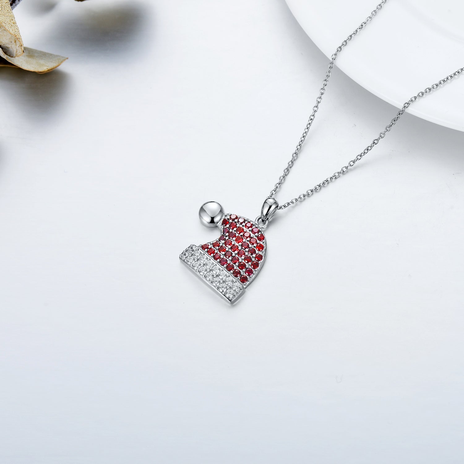 Sterling Silver Round Cubic Zirconia Christmas Hat Pendant Necklace