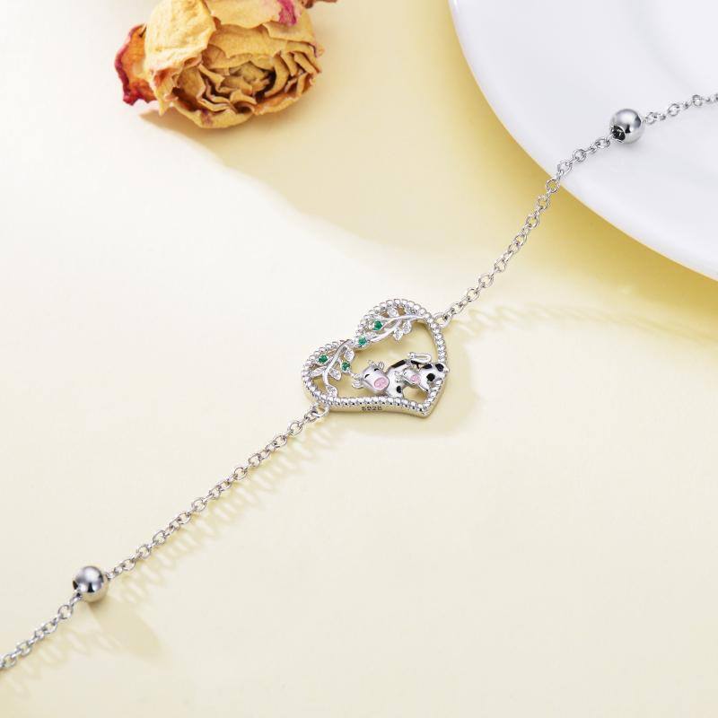 Sterling Silver Round Cubic Zirconia Cow & Heart Bead Station Chain Bracelet