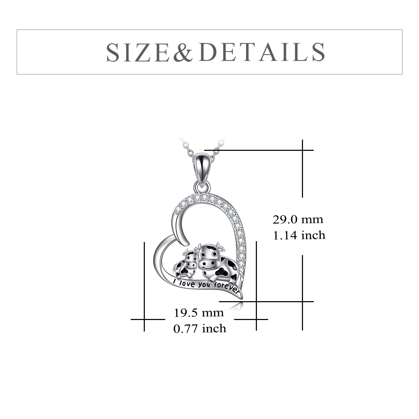 Sterling Silver Round Cubic Zirconia Cow & Heart Pendant Necklace with Engraved Word