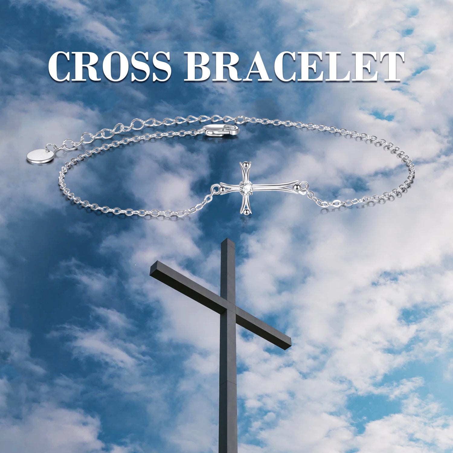 Sterling Silver Round Cubic Zirconia Cross Charm Bracelet