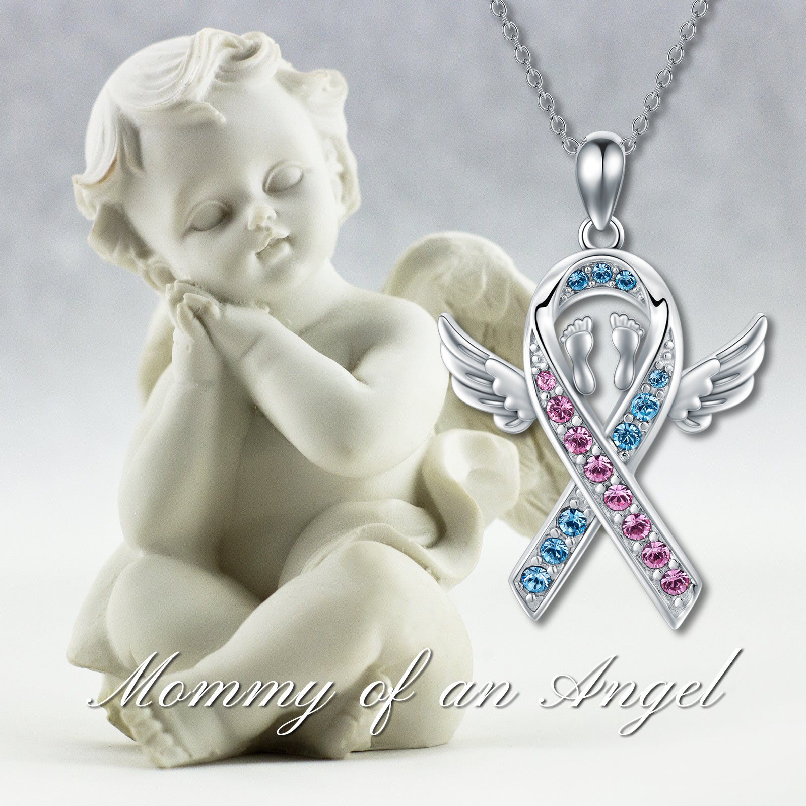 Sterling Silver Circular Shaped Crystal Angel Wing Footprints Pendant Necklace
